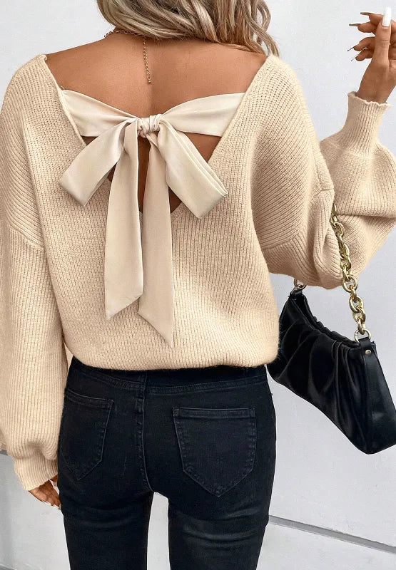 Tied Back V-Neck Long Sleeve Sweater - Lilixa.store