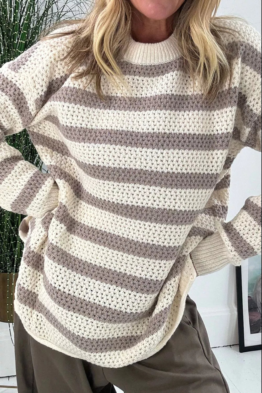 Striped Knit Dropped Shoulder Sweater - Lilixa.store