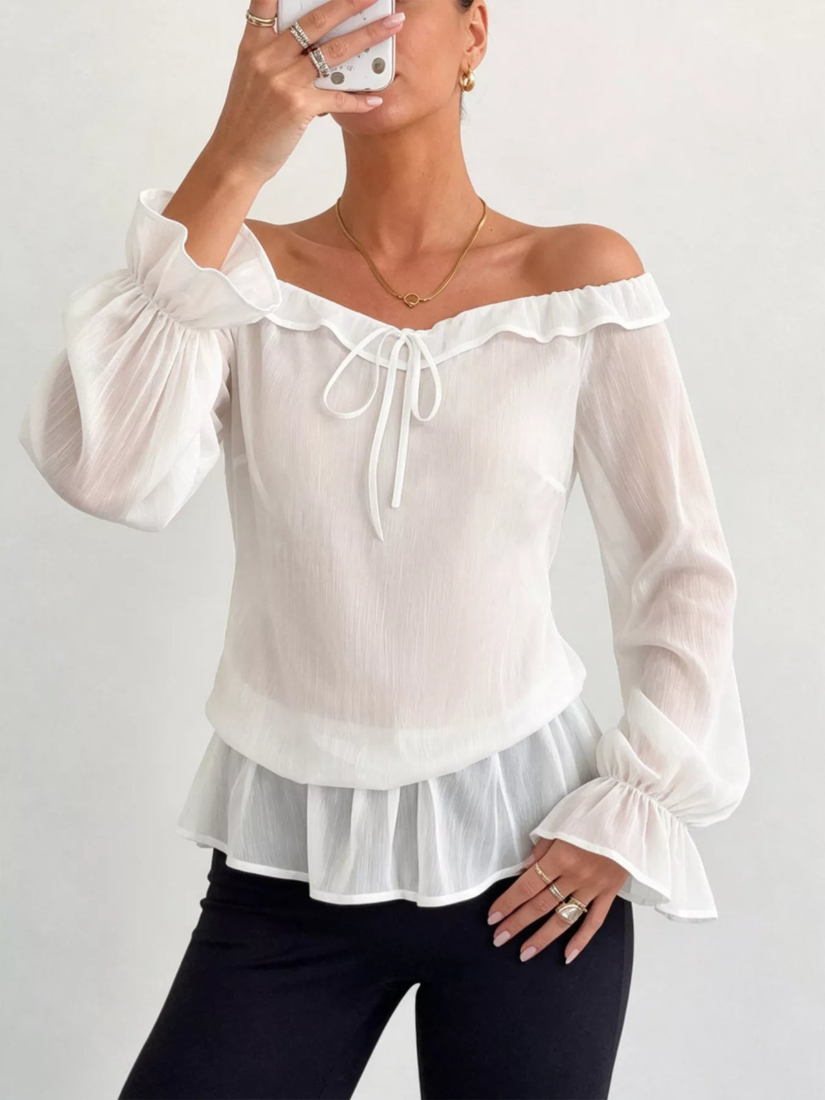 Off-Shoulder Flounce Sleeve Chiffon Blouse - Lilixa.store