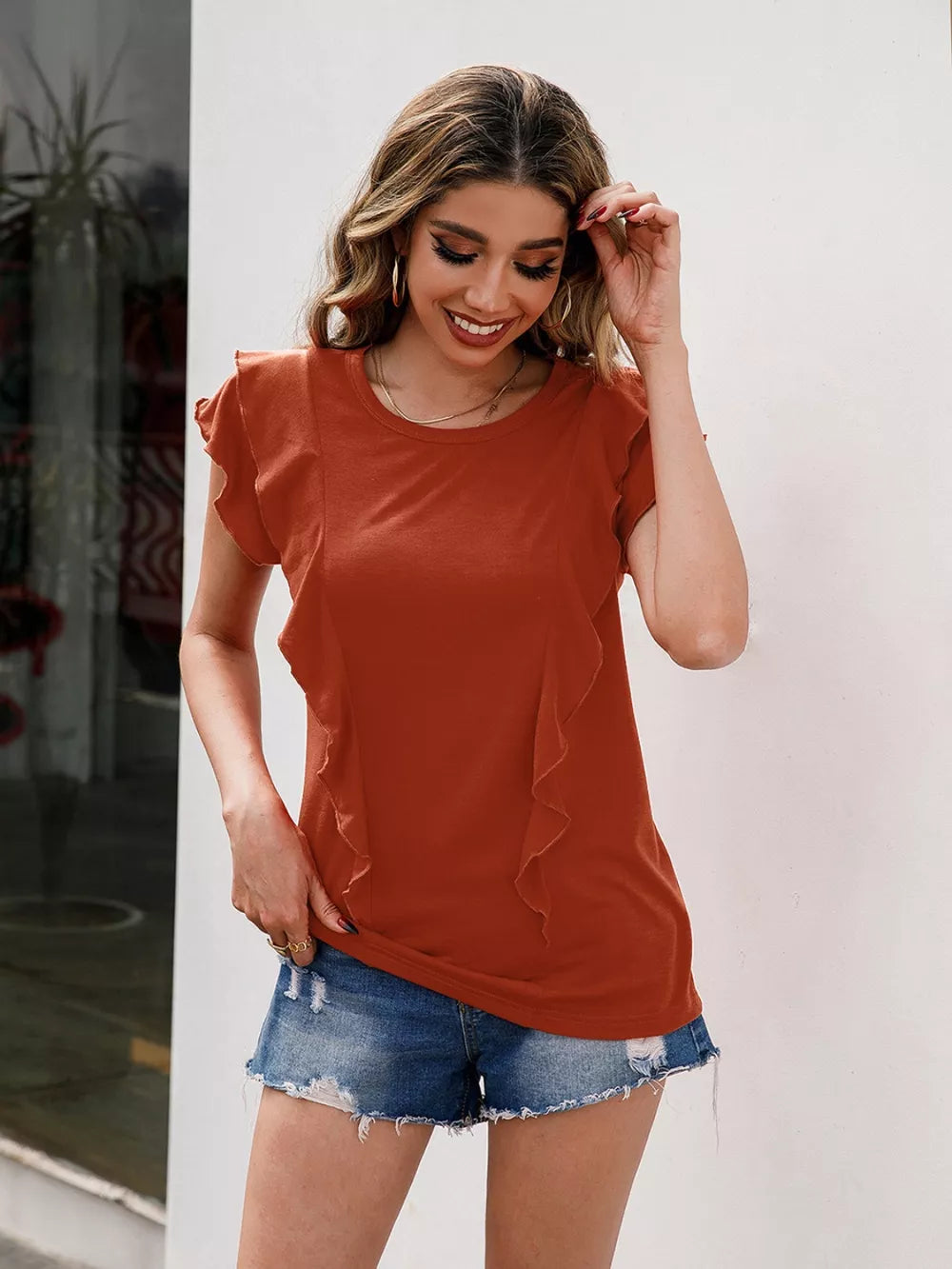 Ivy Lane Ruffled Round Neck Cap Sleeve T-Shirt - Lilixa.store
