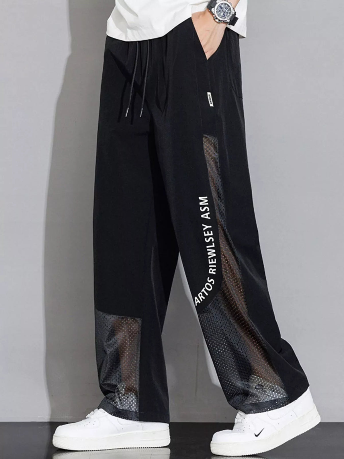 Men's Plus Size Drawstring Wide Leg Mesh Panel Pants, view 2