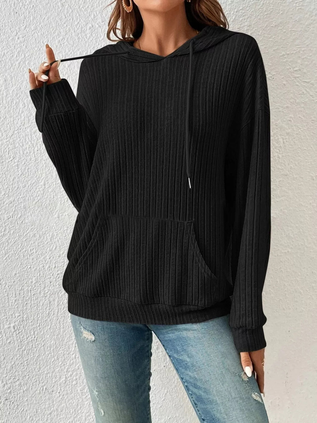 Casual Ribbed Knit Drawstring Hoodie - Lilixa.store
