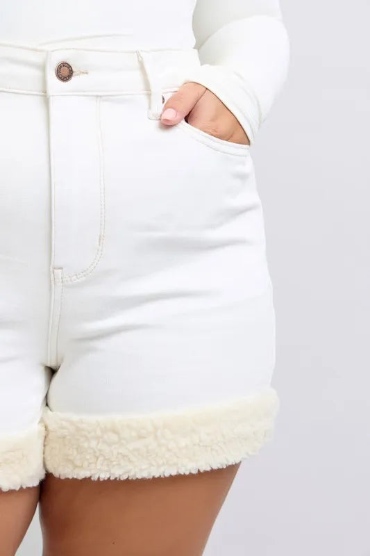 Judy Blue Full Size High Waist Shearling Cuff Denim Shorts Plus Size - Lilixa.store