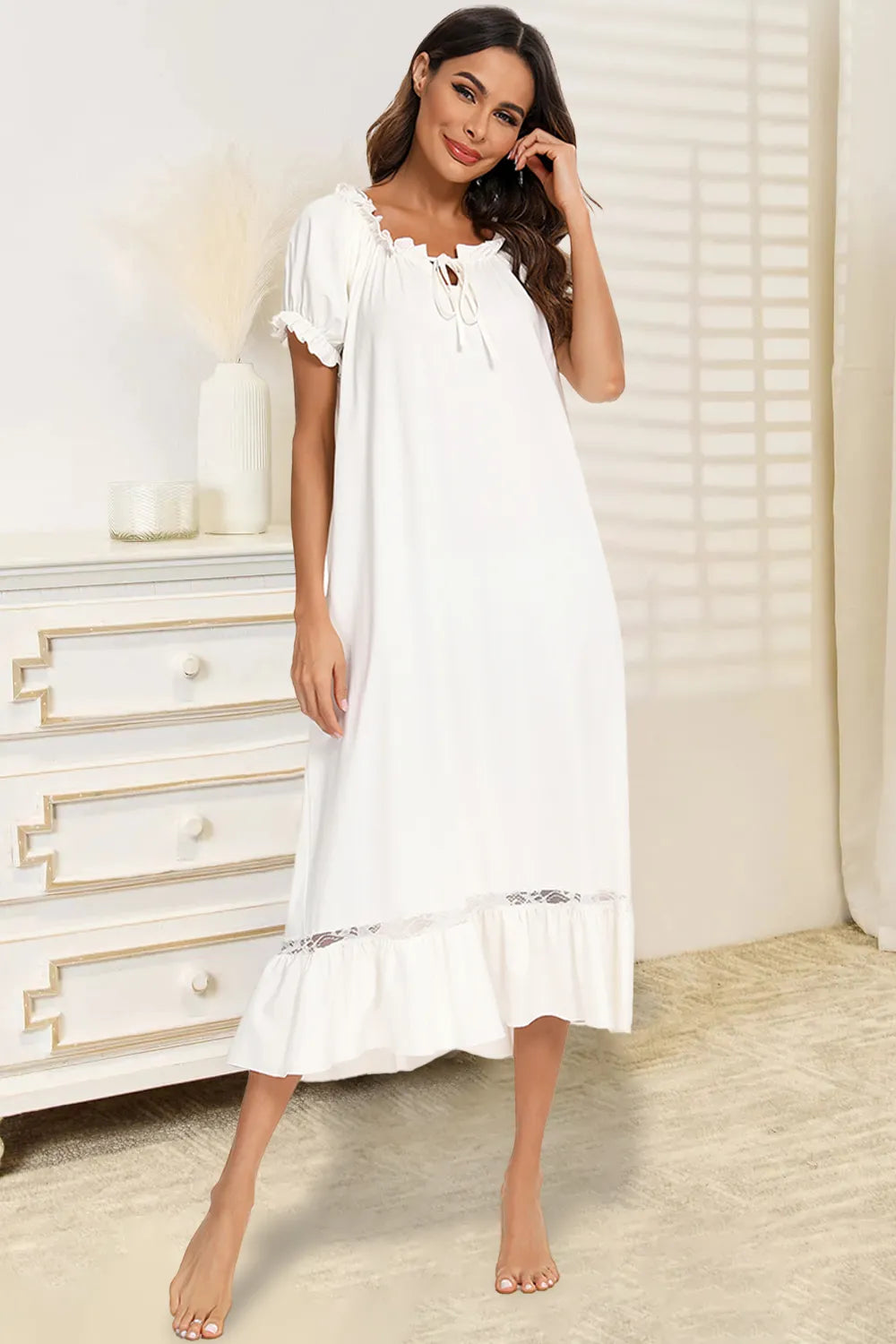 Lace Detail Short Sleeve Lounge Dress - Lilixa.store