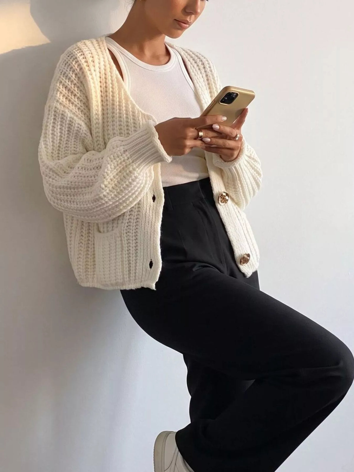 Ribbed Knit Cardigan with Gold-Tone Buttons, view 4