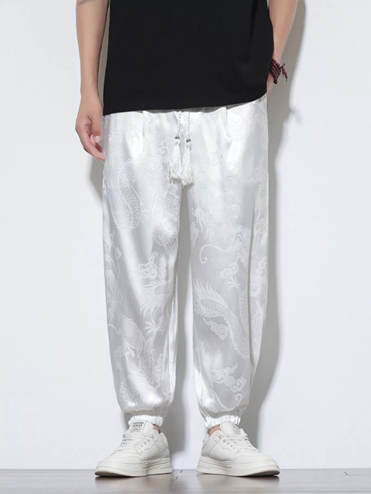 Men's Plus Size Dragon Pattern Silk Joggers in White
