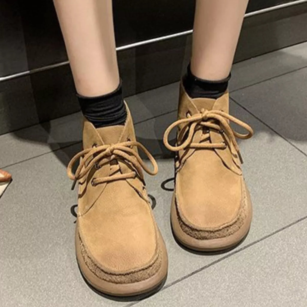 Round Toe Lace-Up Ankle Boots in Khaki