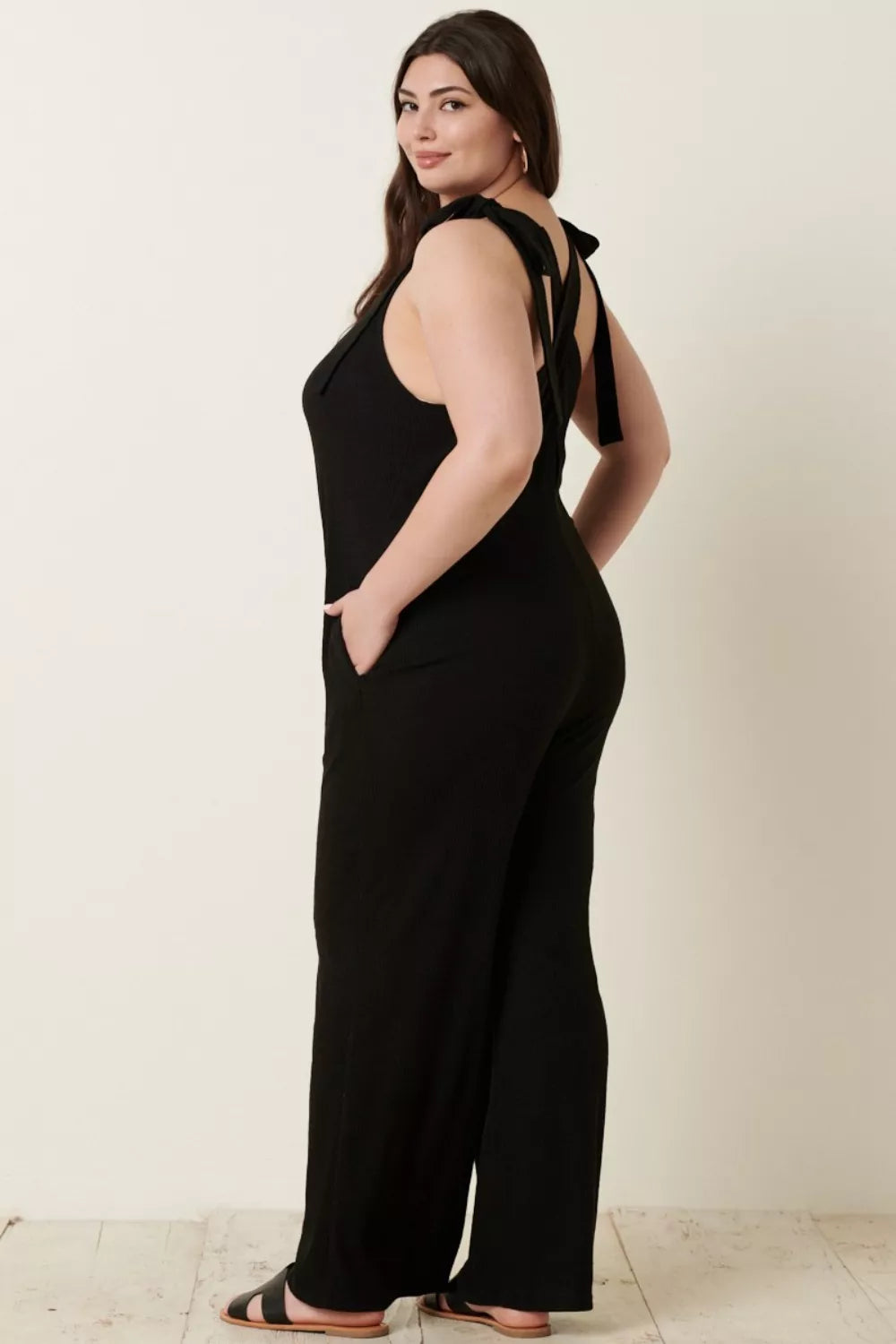 Mittoshop Rib Knit V-Neck Cross Back Jumpsuit - Lilixa.store