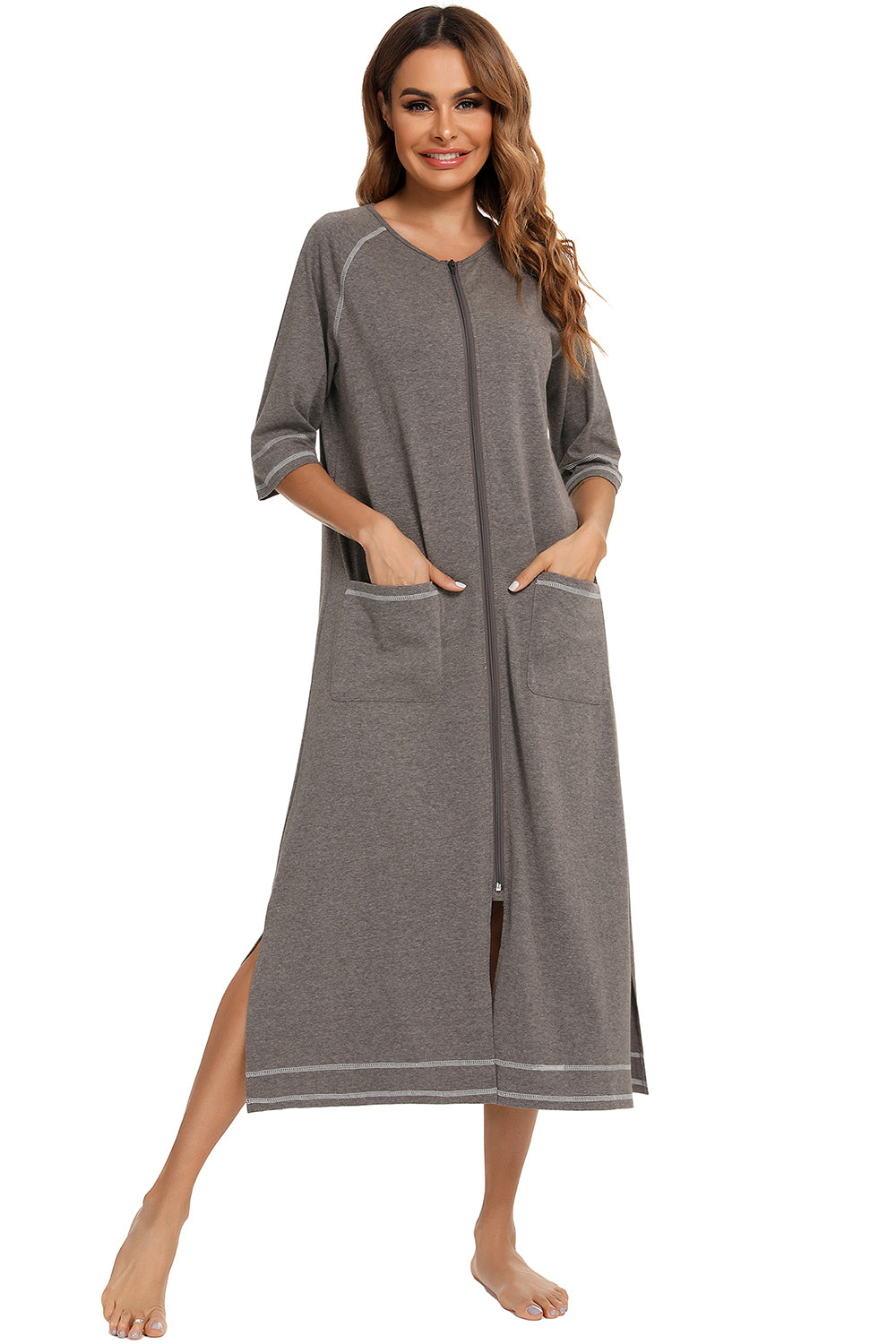 Zip Up Slit Round Neck Night Dress with Pockets - Lilixa.store