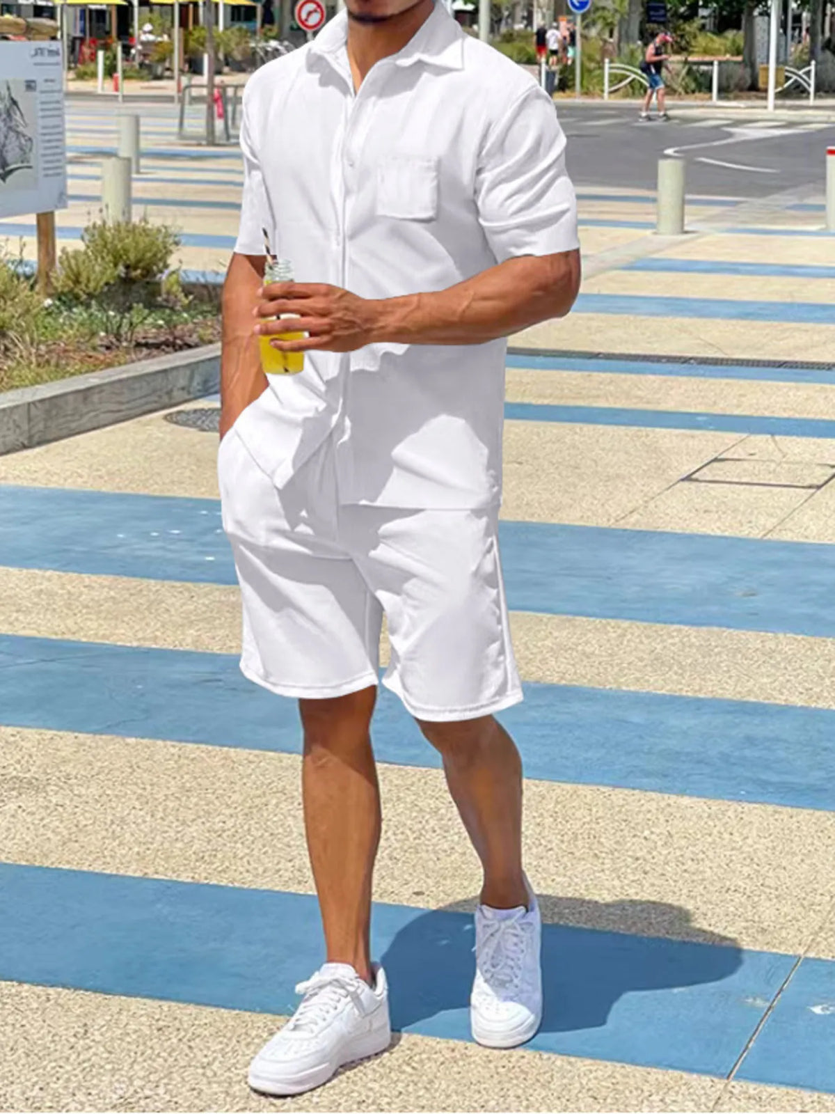 Men's Plus Size Button Up Shirt and Shorts Set in White