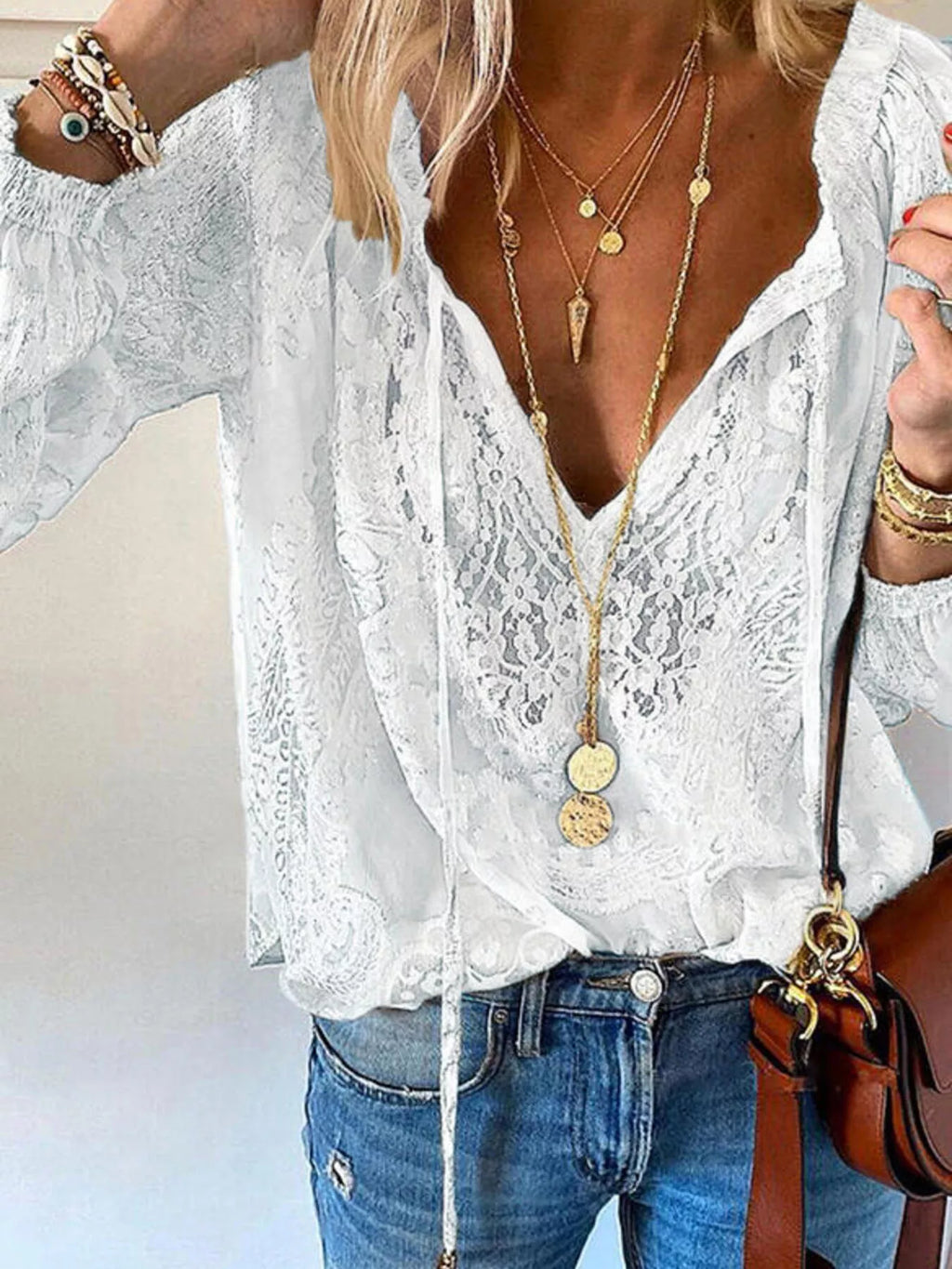Lace Tie-Neck Blouse - Lilixa.store