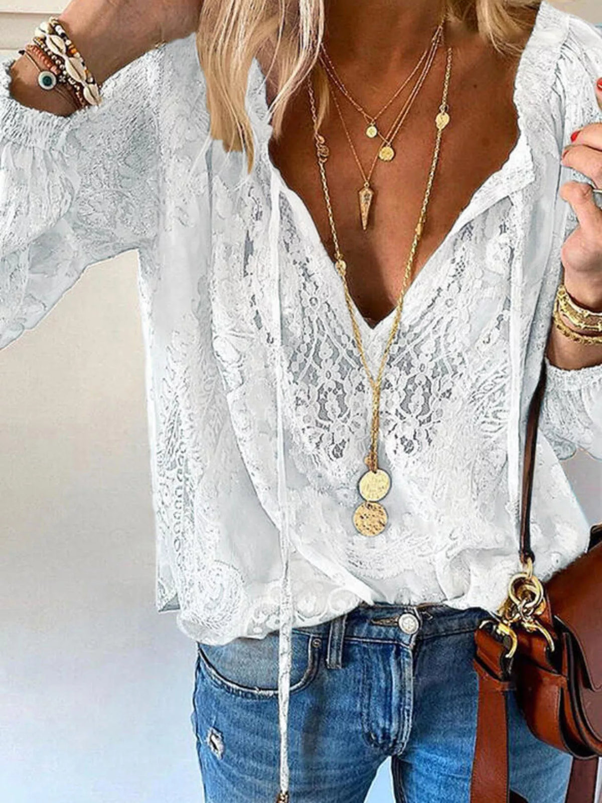 Lace Tie-Neck Blouse - Lilixa.store