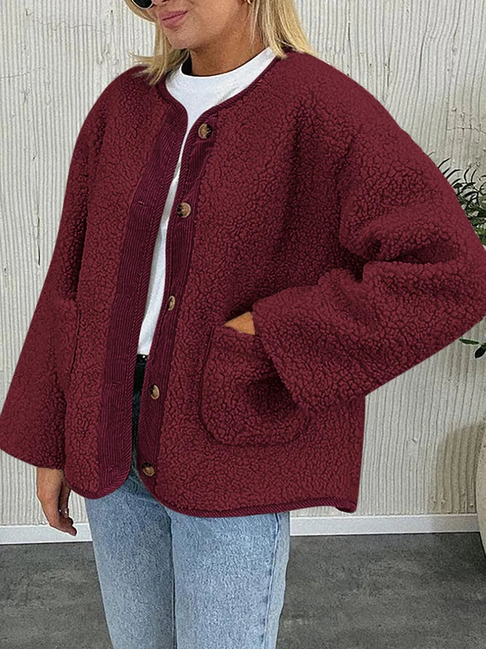 Contrast Button Up Sherpa Jacket with Pockets, view 18