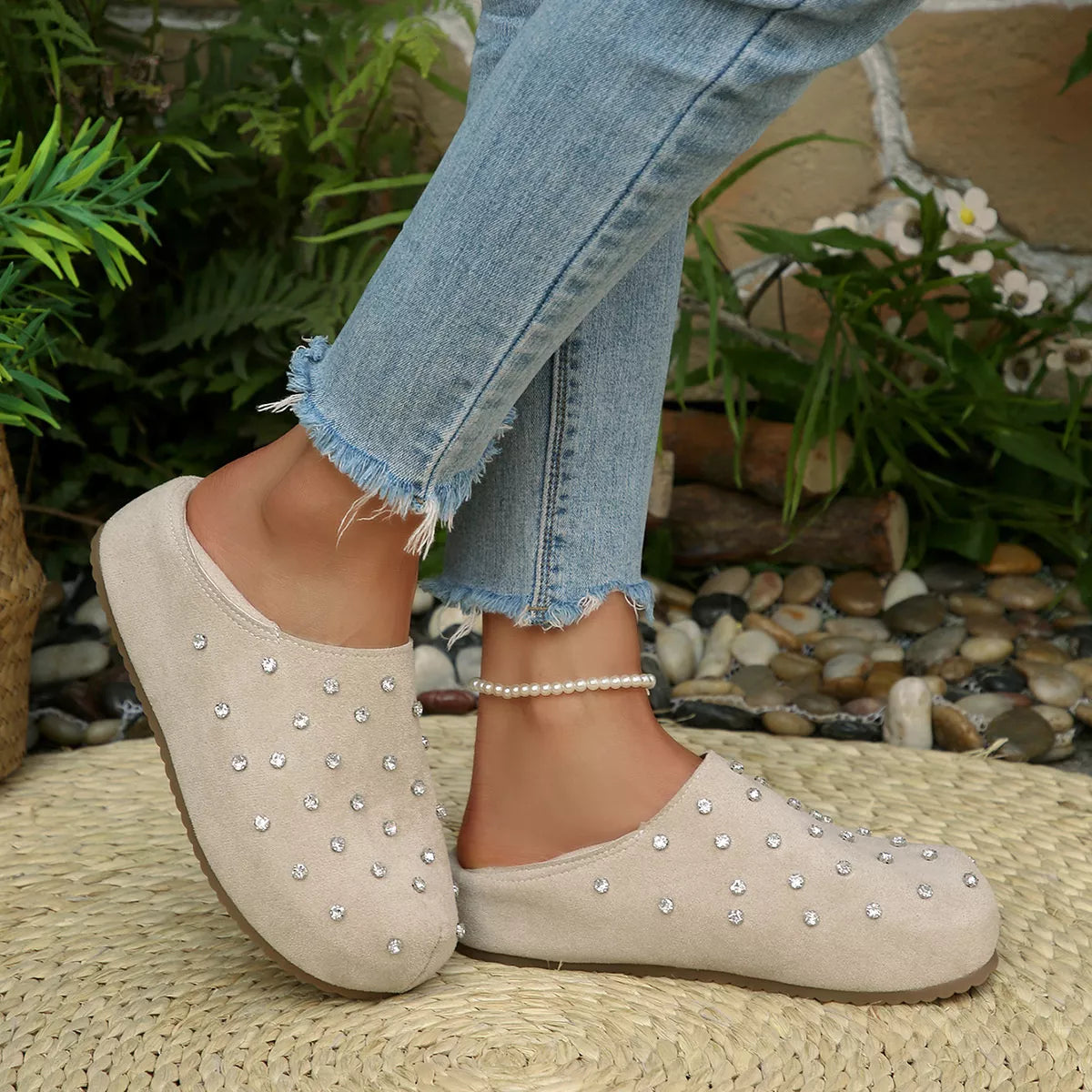 Rhinestone Round Toe Slip-Ons - Lilixa.store