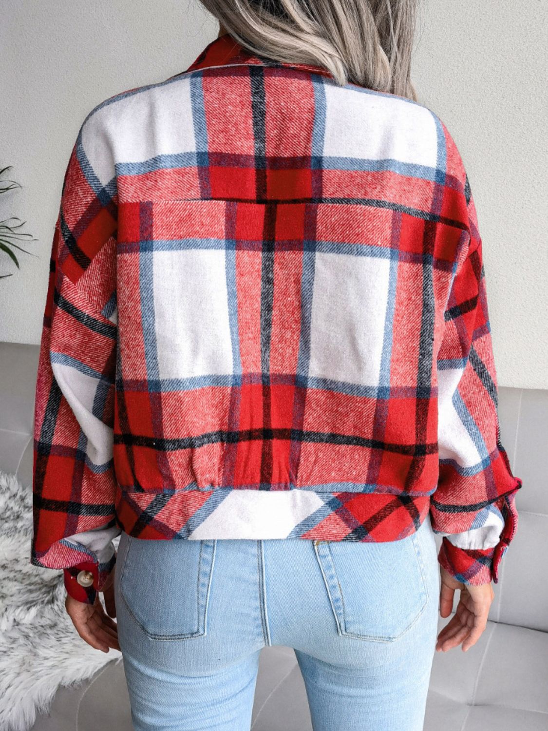Plaid Collared Neck Drop Shoulder Jacket in Deep Red, view 2
