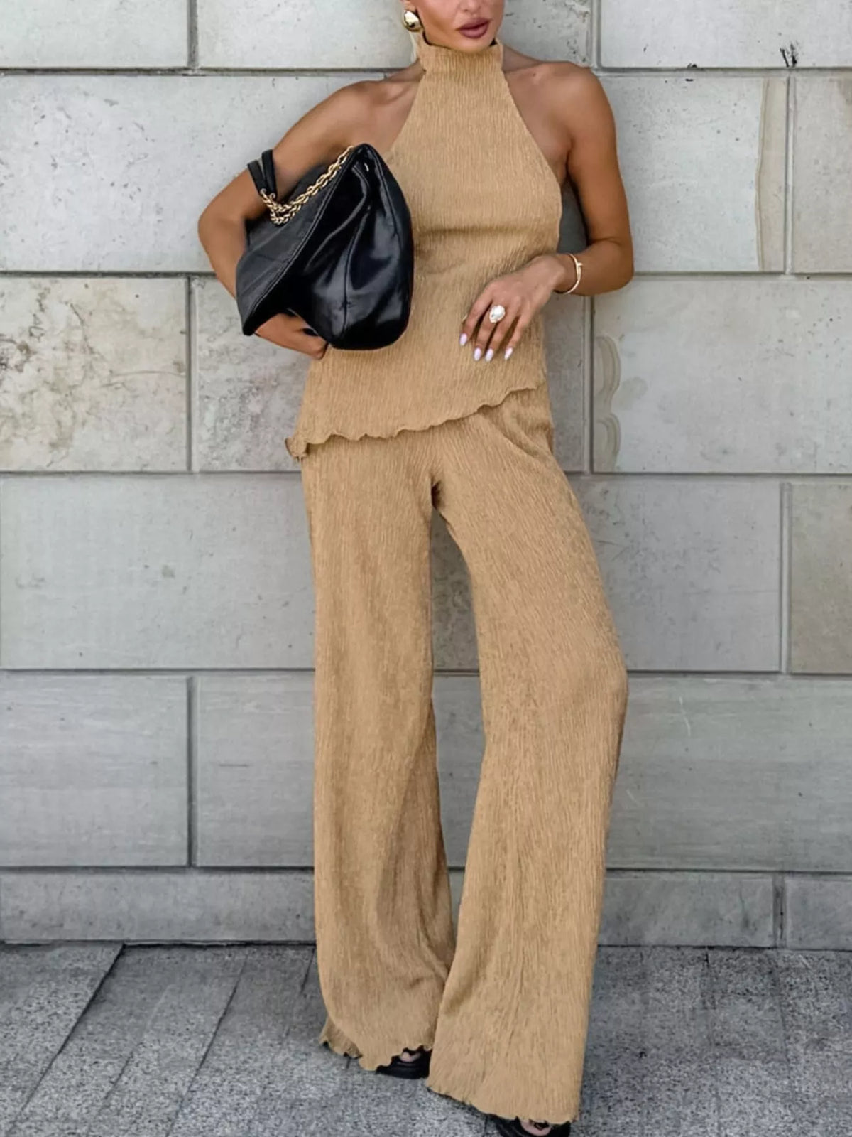 Sleeveless Top and Wide-Leg Pants Two-Piece Set in Khaki