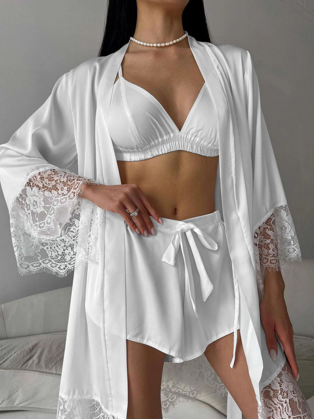Cami & Lace Trim Cardigan & Shorts Lounge Set - Lilixa.store