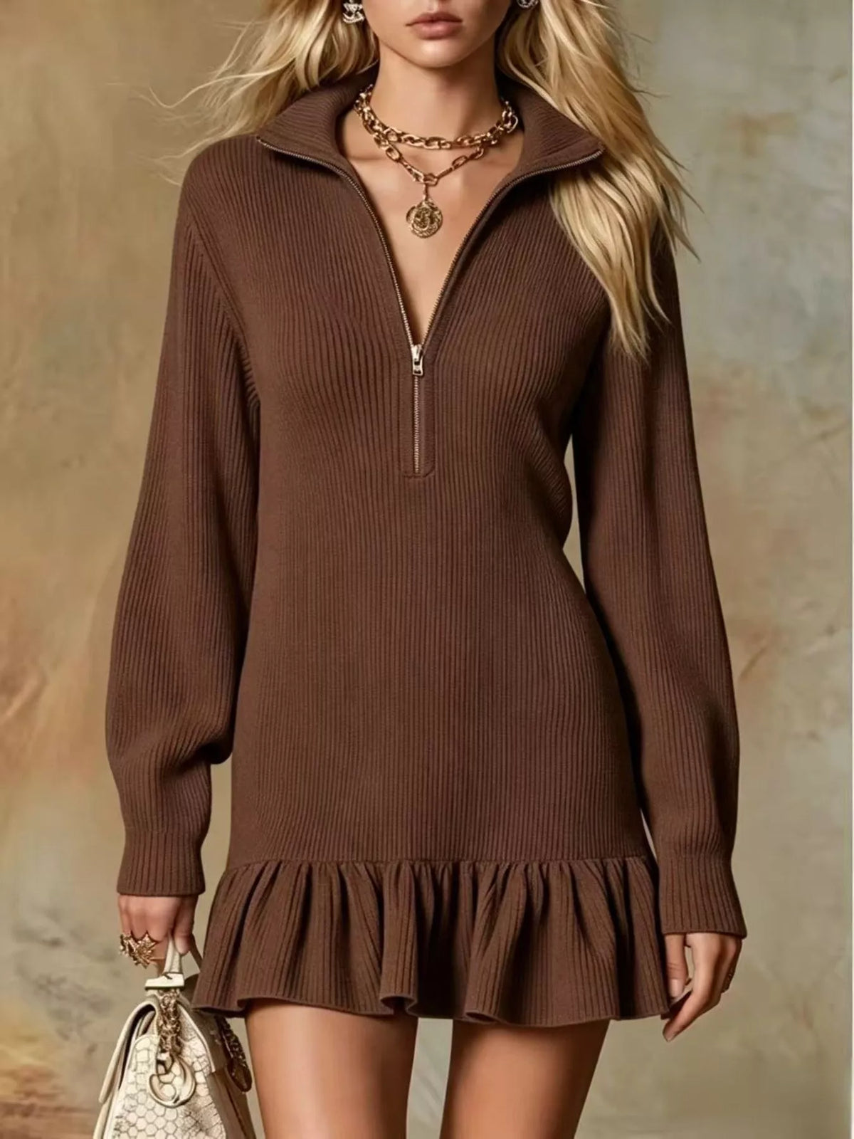 Ruffle Hem Half Zip Dress - Lilixa.store