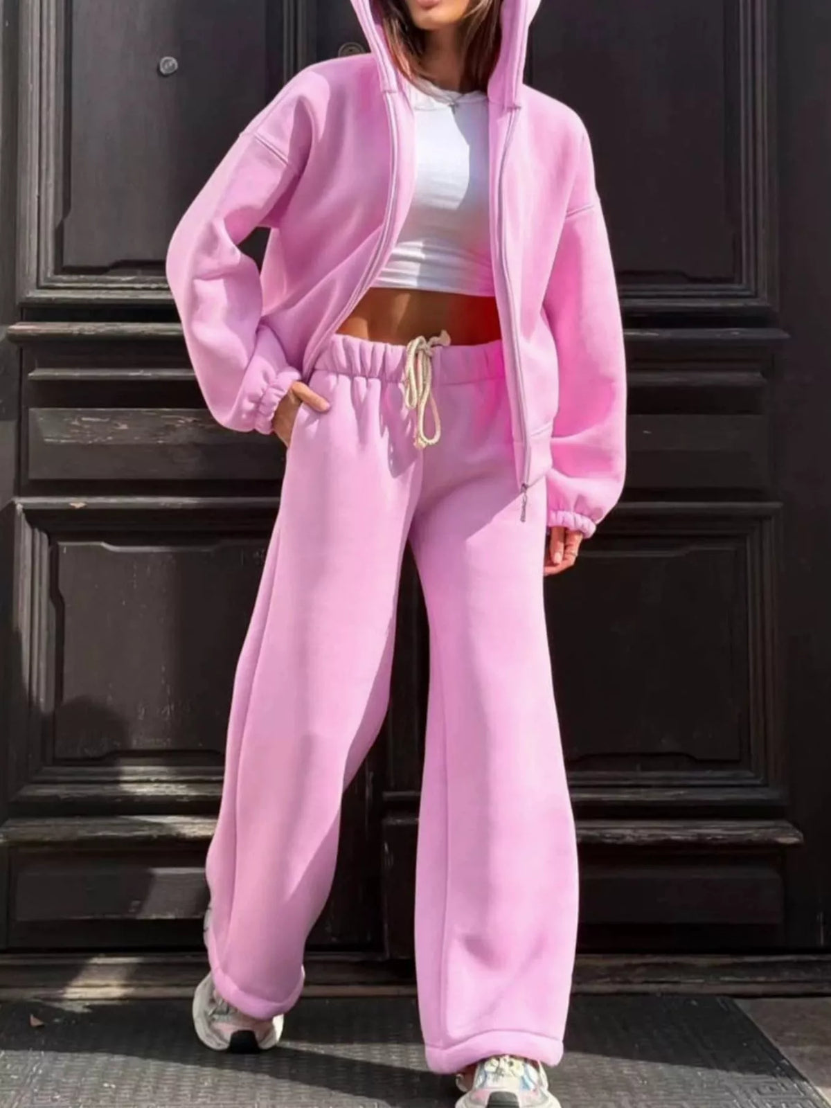 Zip-Up Hoodie and Wide-Leg Sweatpants Set