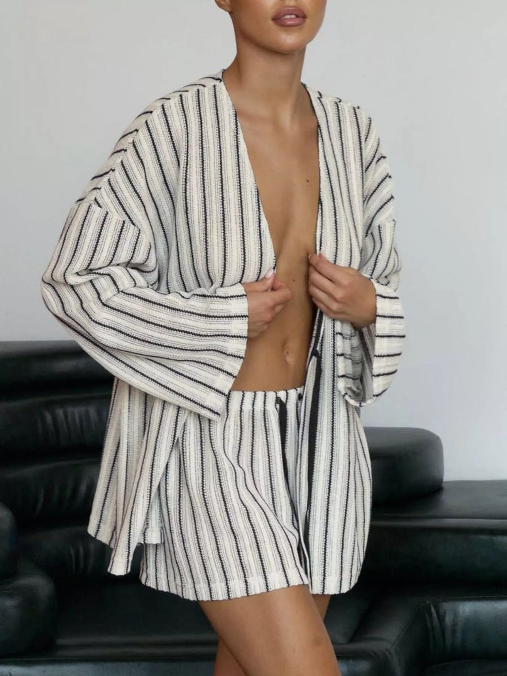 Striped Tie Front Top and Shorts Lounge Set - Lilixa.store