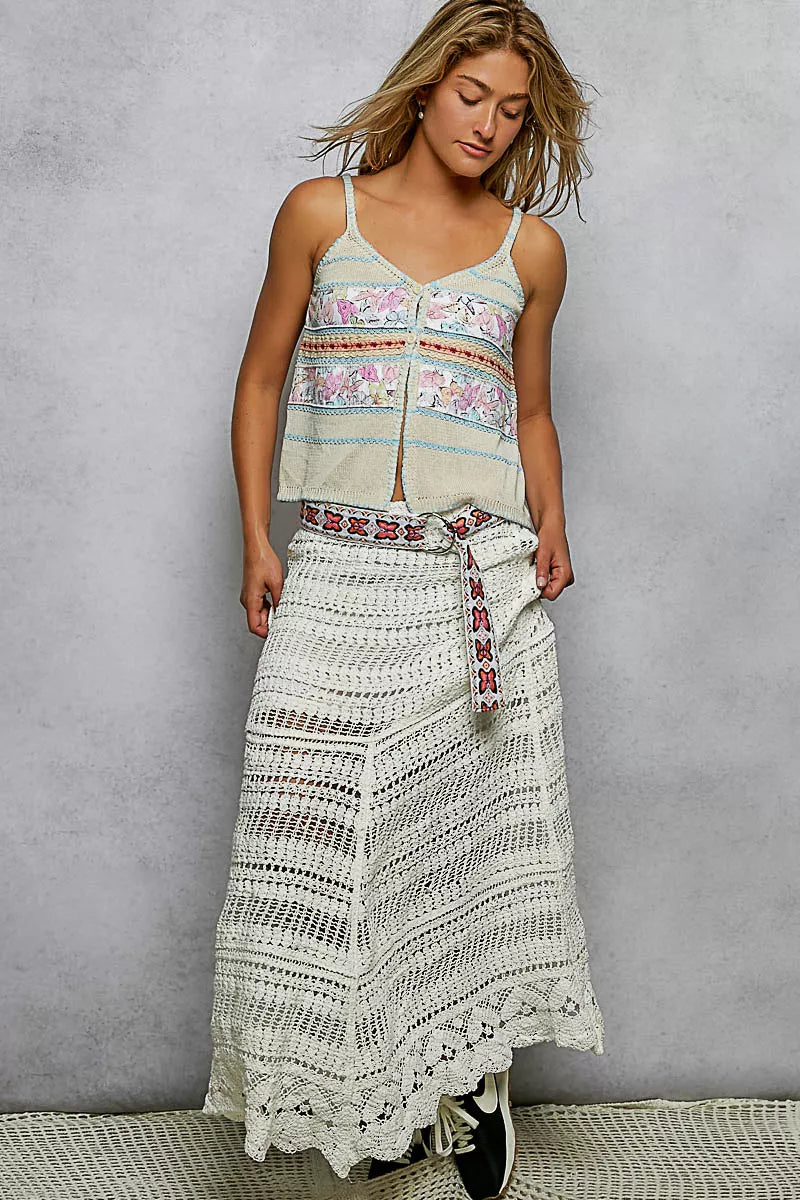POL Printed Contrast Button Down Cami with Trim Detail and Blanket Stitch - Lilixa.store