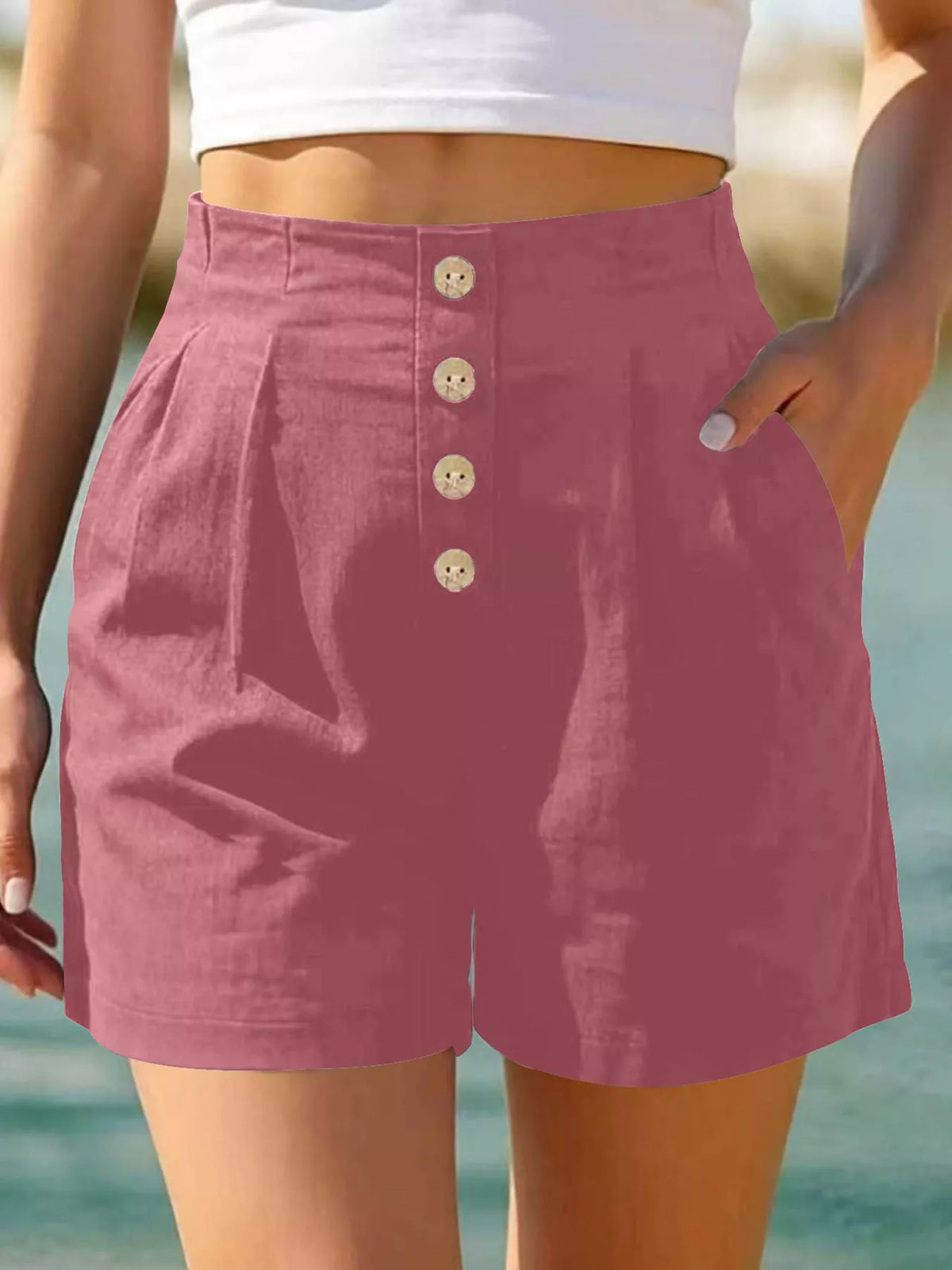 Button Fly High Waist Shorts in Pink