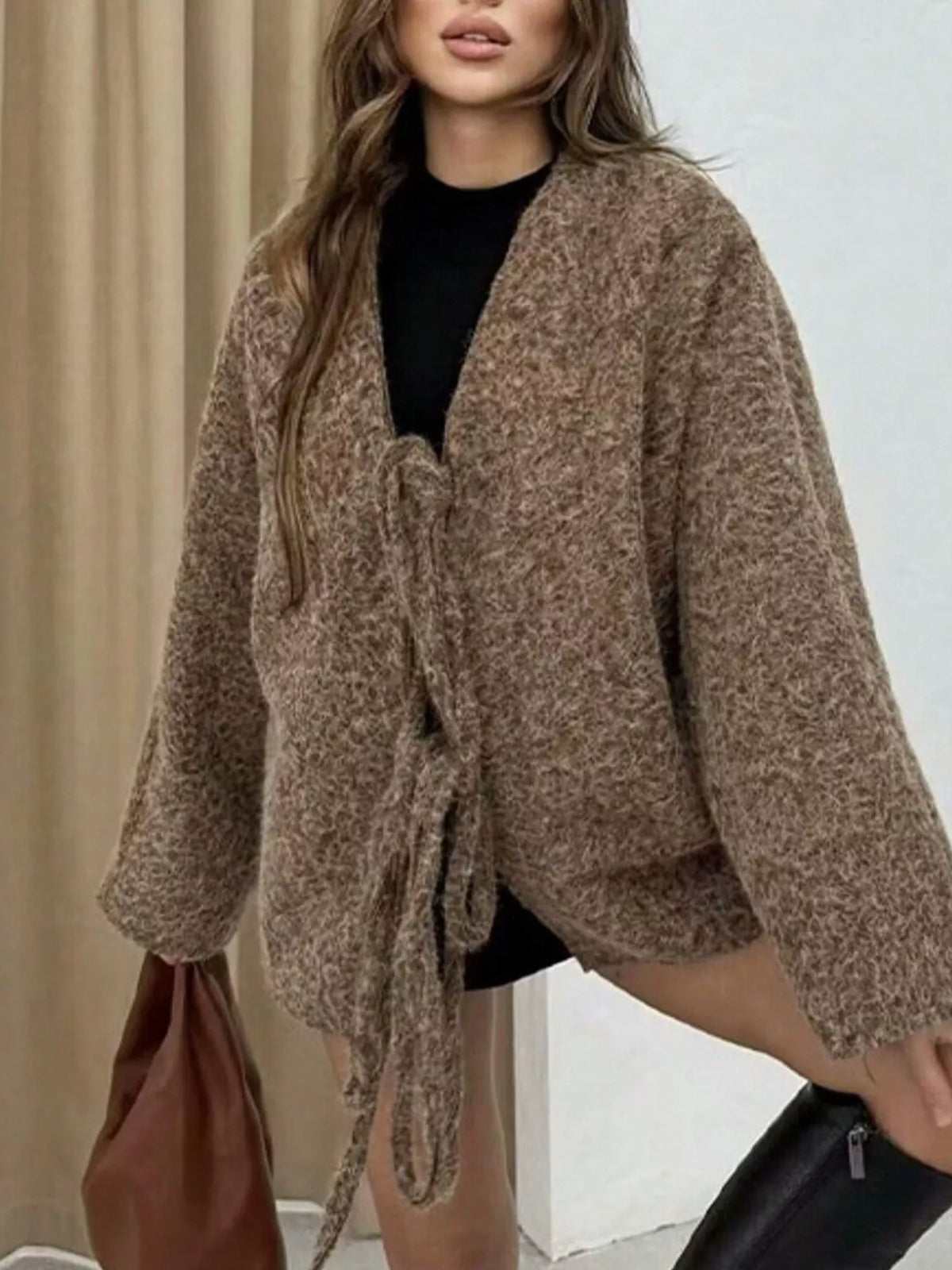 Textured Knit Tie-Front Outerwear - Lilixa.store