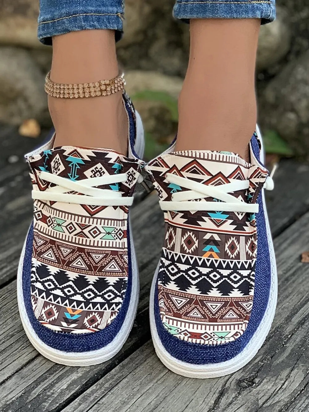 Geometric Lace-Up Round Toe Slip-Ons in Light Indigo