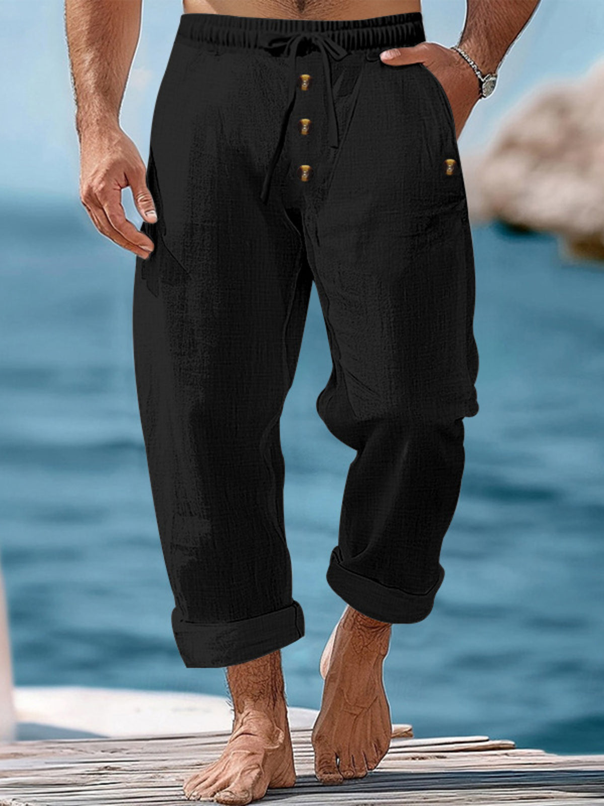 Men's Full Size Button-Fly Drawstring Pants Plus Size in Black