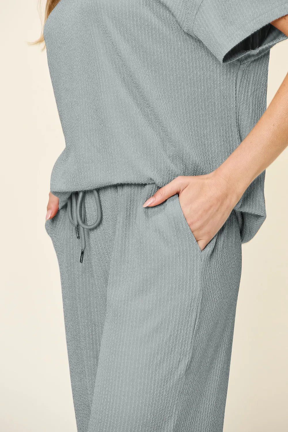 Double Take Full Size Texture Round Neck Short Sleeve T-Shirt and Wide Leg Pants, view 21