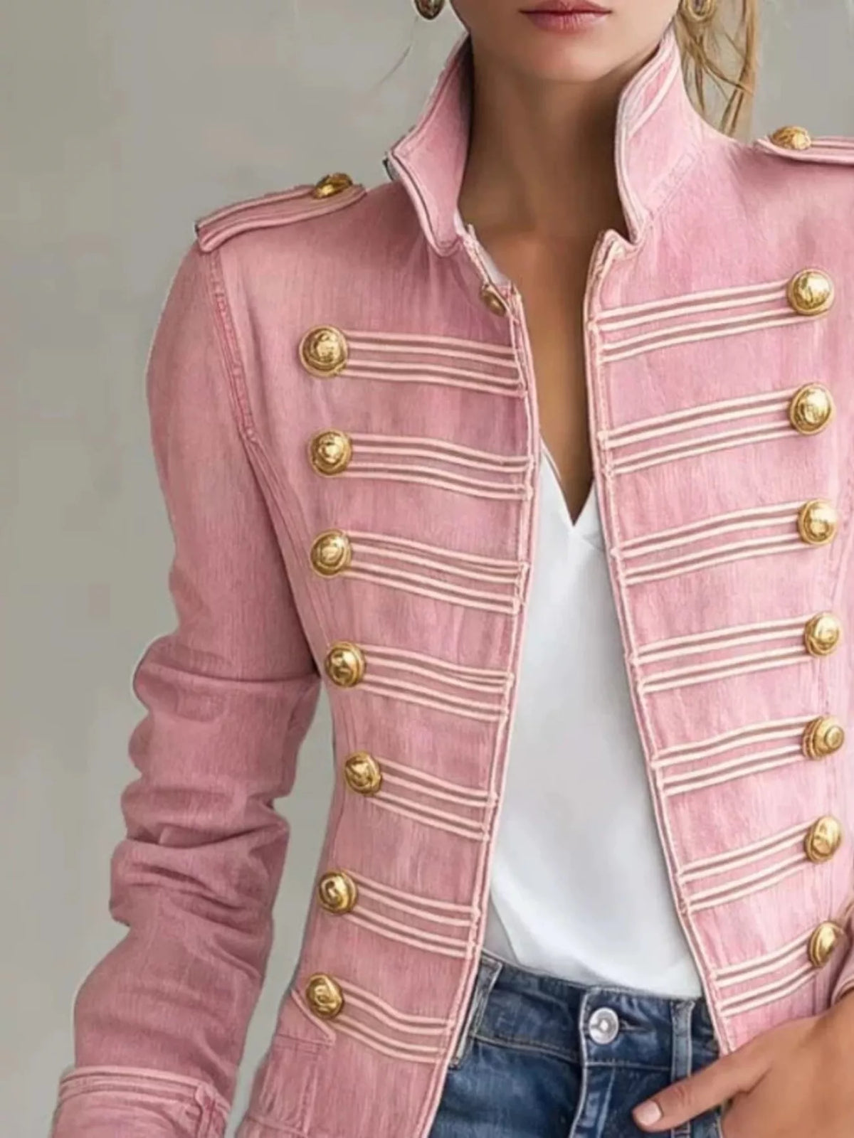 Military-Inspired Denim Jacket with Gold Button Detailing in Dusty Pink, view 5