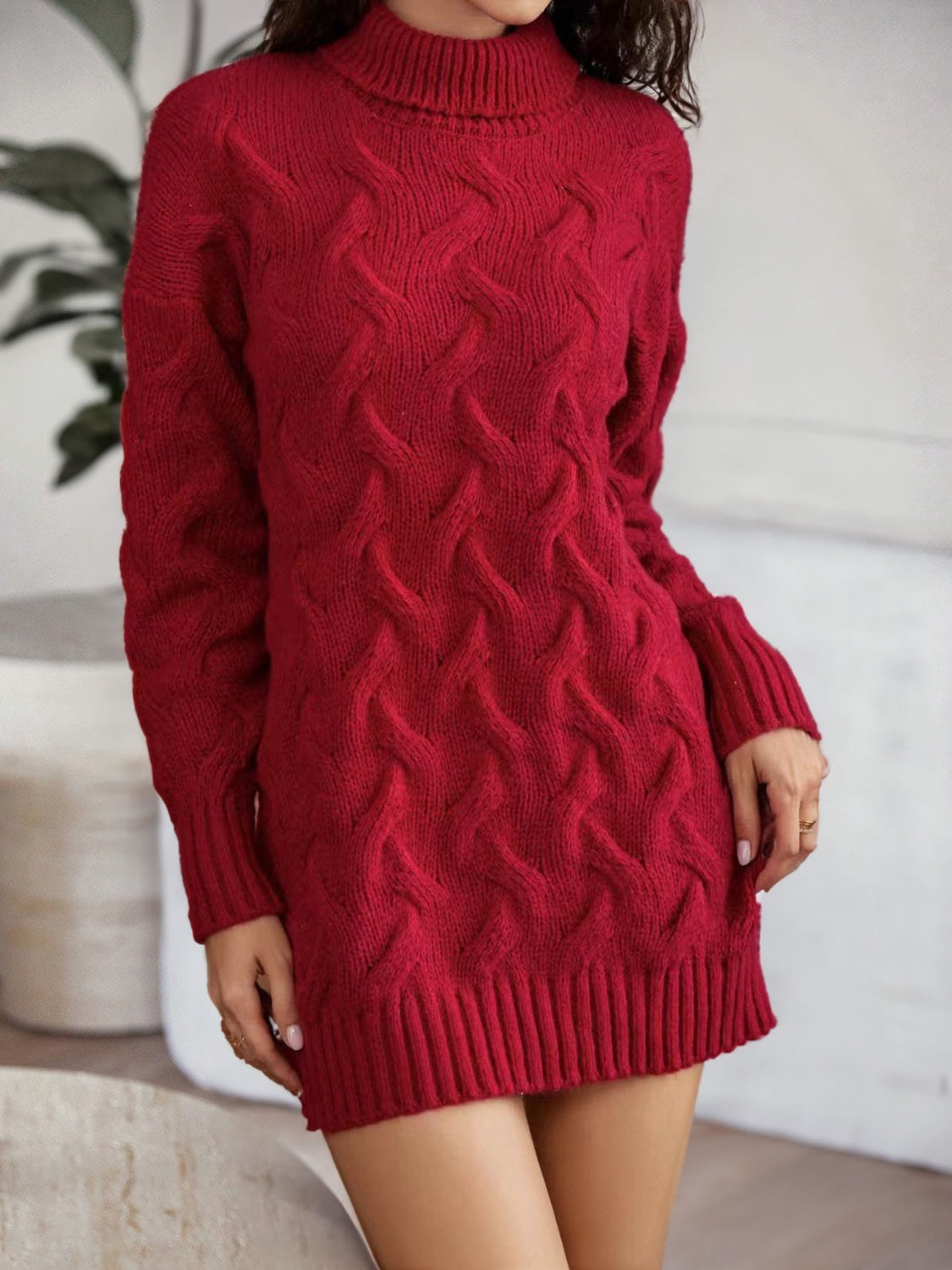 Cable-Knit Turtleneck Sweater Dress, view 5