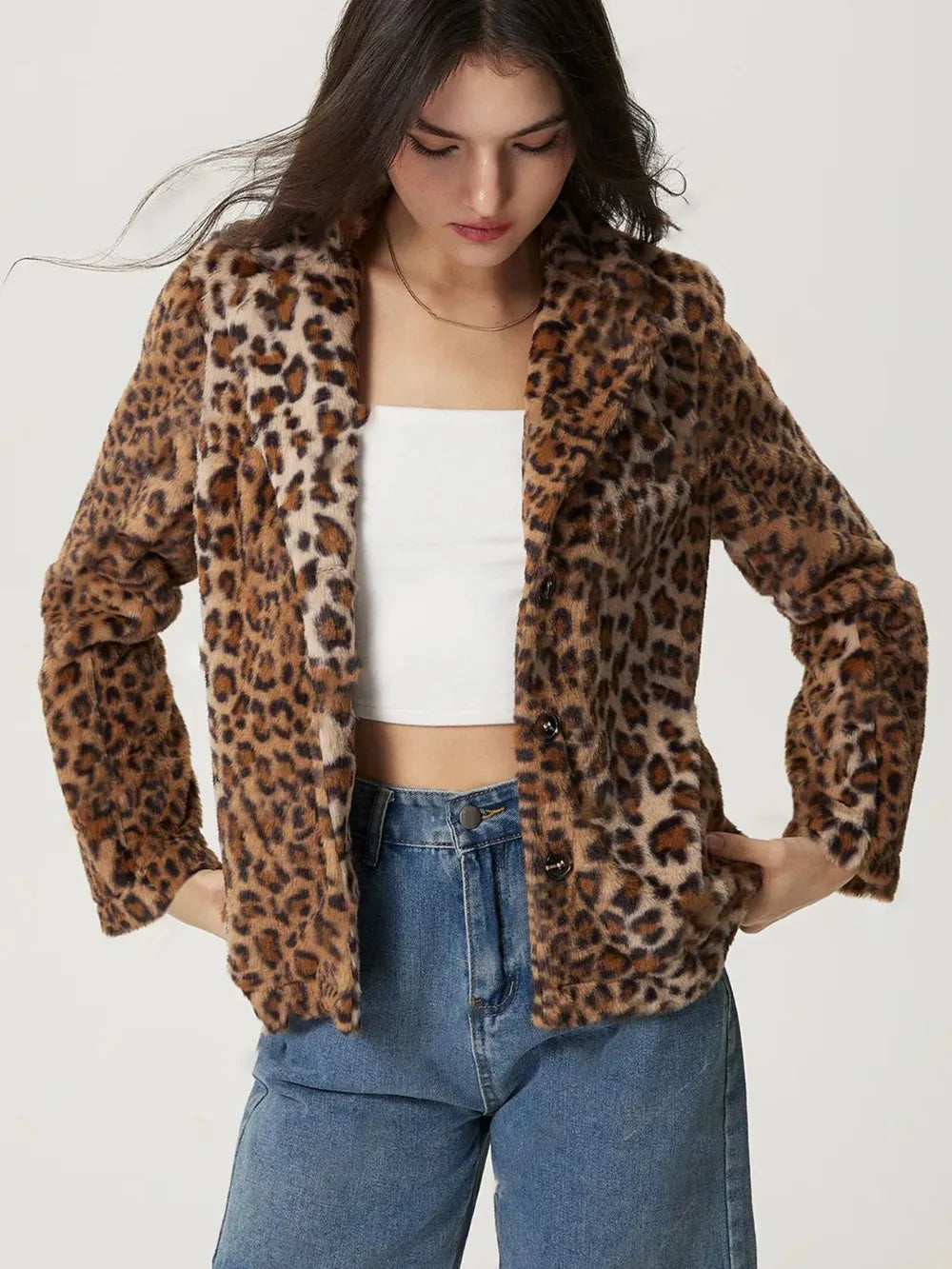 Fuzzy Leopard Collared Neck Jacket, view 5
