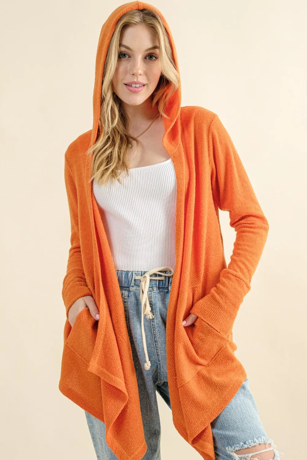And The Why Full Size Thermal Hooded Open Front Cardigan with Pockets in Dusty Coral