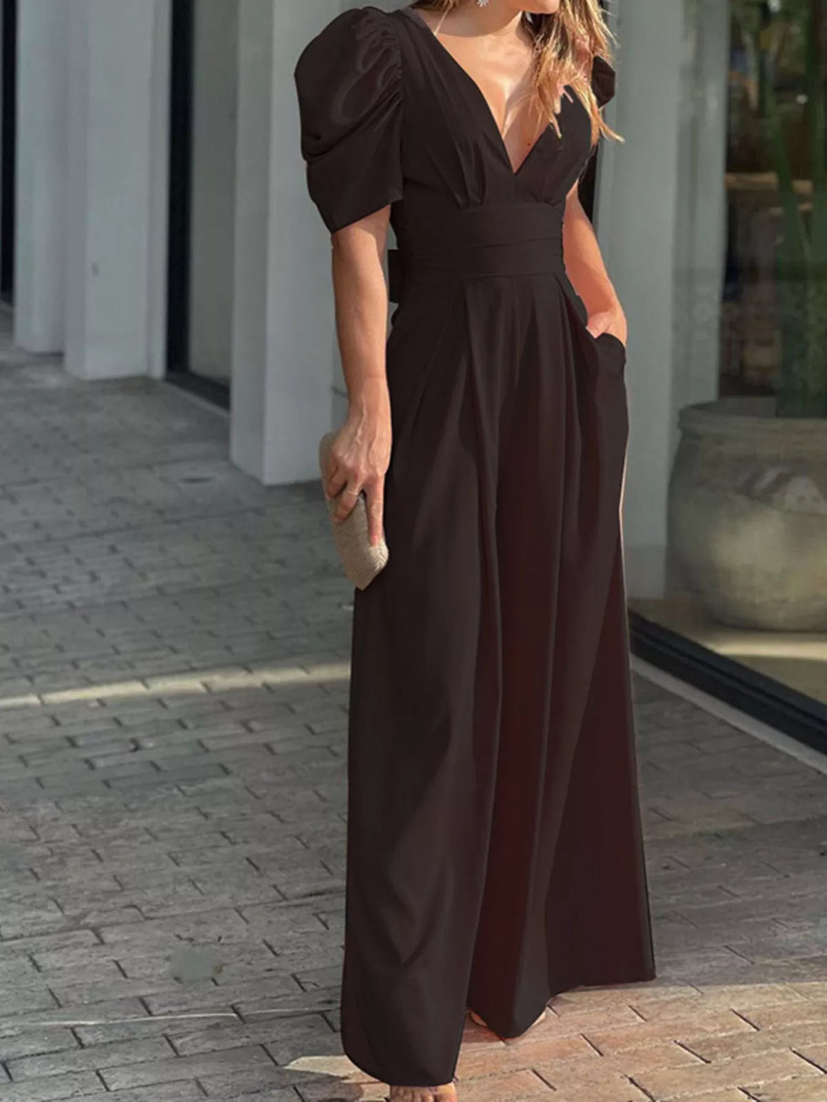 Puff Sleeve Wide Leg Jumpsuit in Black
