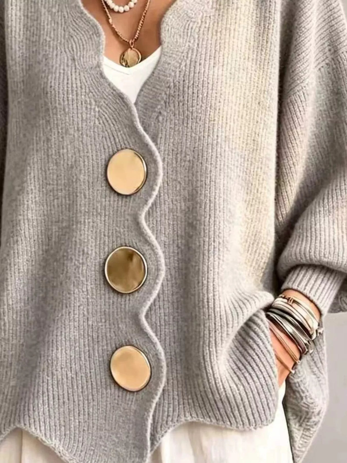 Full Size Scalloped-Edge Oversized Button-Down Cardigan Plus Size