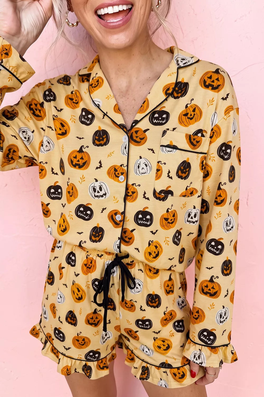 Halloween Pumpkin Print Long Sleeve Two Piece Lounge Set - Lilixa.store