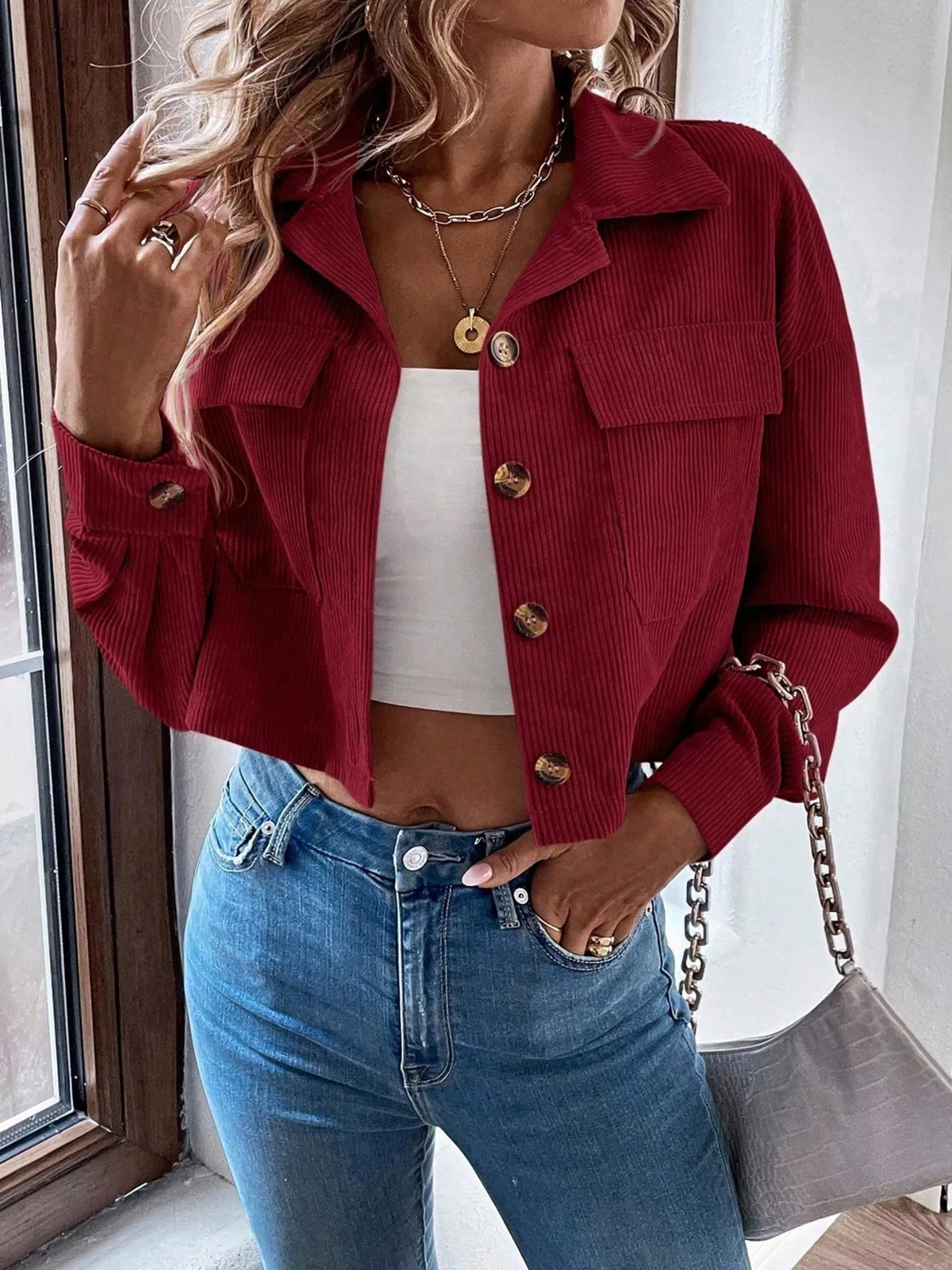 Cropped Corduroy Button-Down Jacket