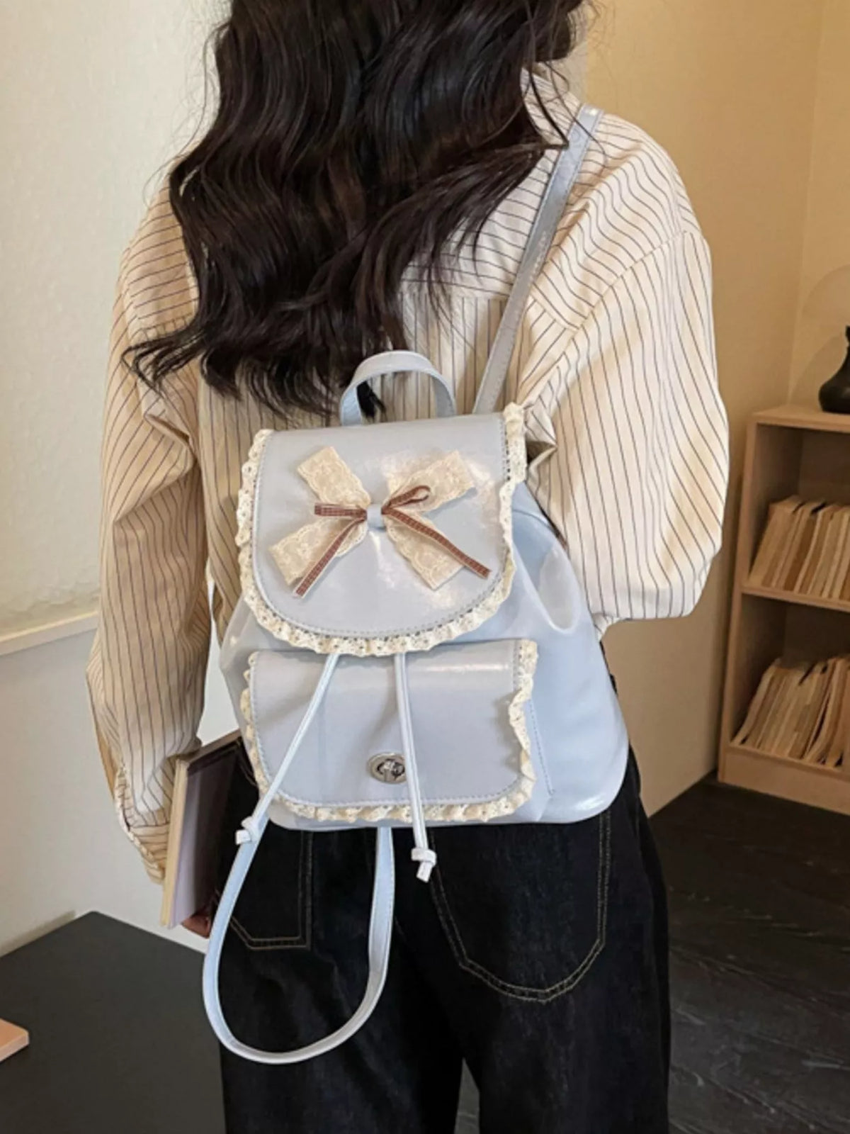 Lace Trim Bow Decor Backpack Bag - Lilixa.store