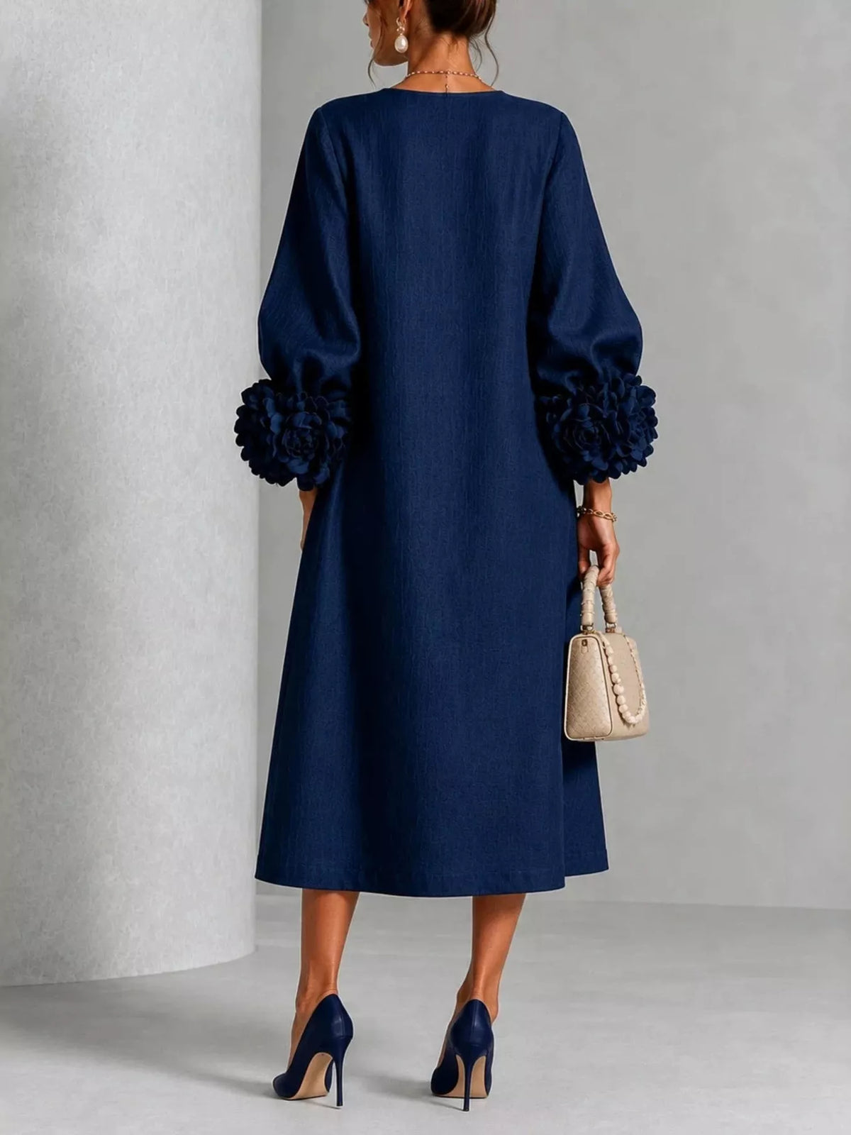 3D Floral Round Neck Midi Dress