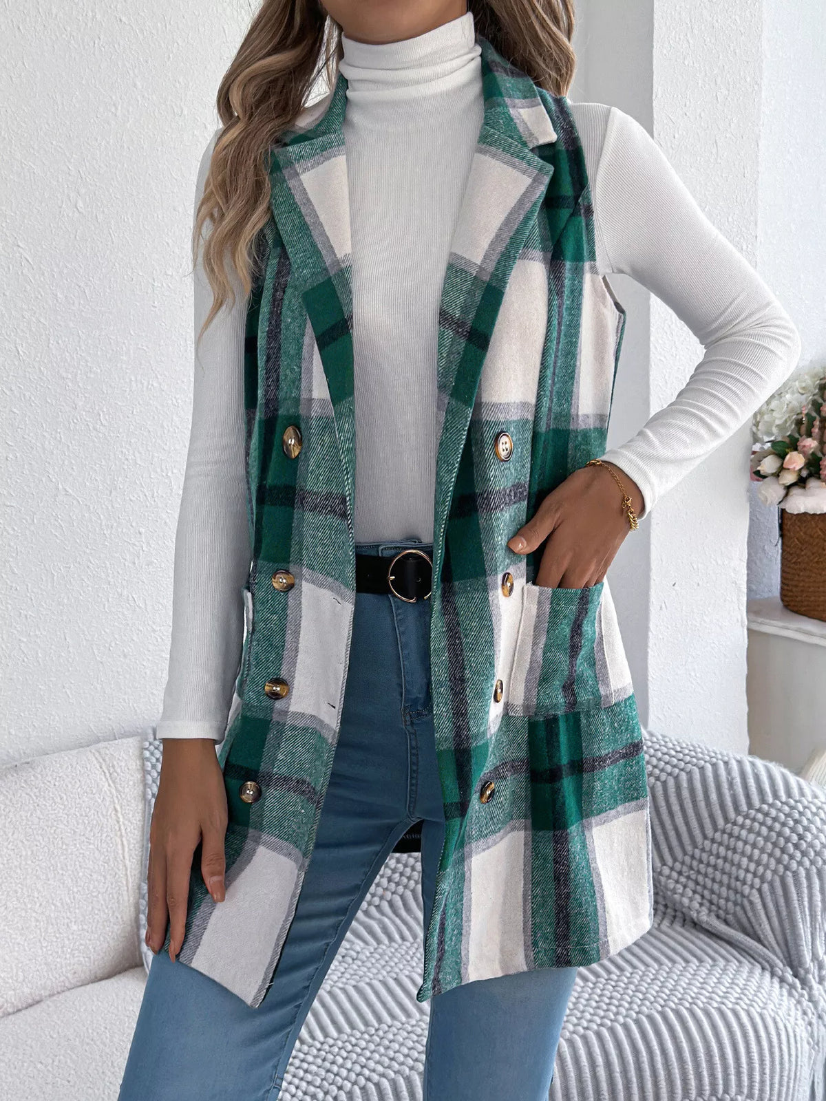 Plaid Double-Breasted Vest Coat - Lilixa.store