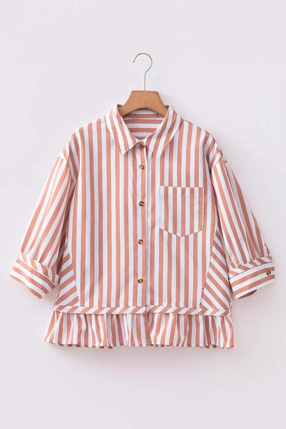Stripe Collar Button Front Bracelet Sleeve Ruffle Hem Shirt - Lilixa.store