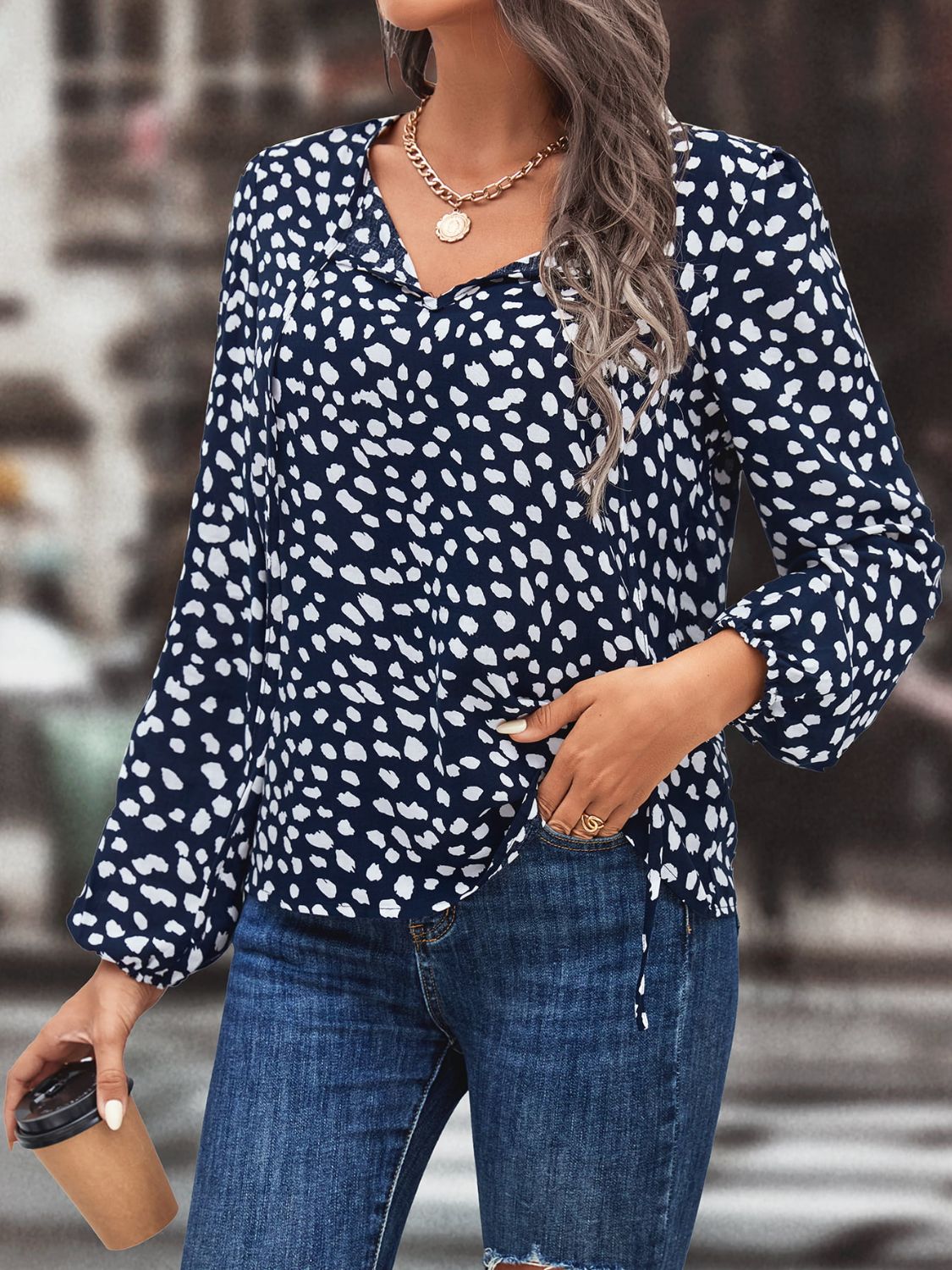 Printed Tie Neck Long Sleeve Blouse, view 5