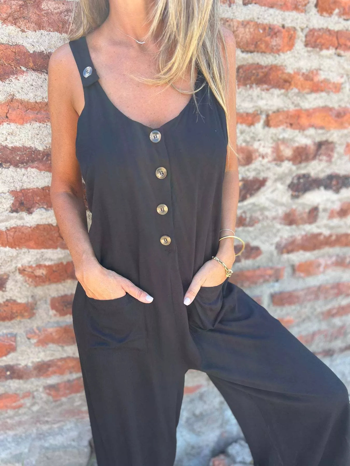 Full Size Button-Front Wide Leg Jumpsuit Plus Size - Lilixa.store