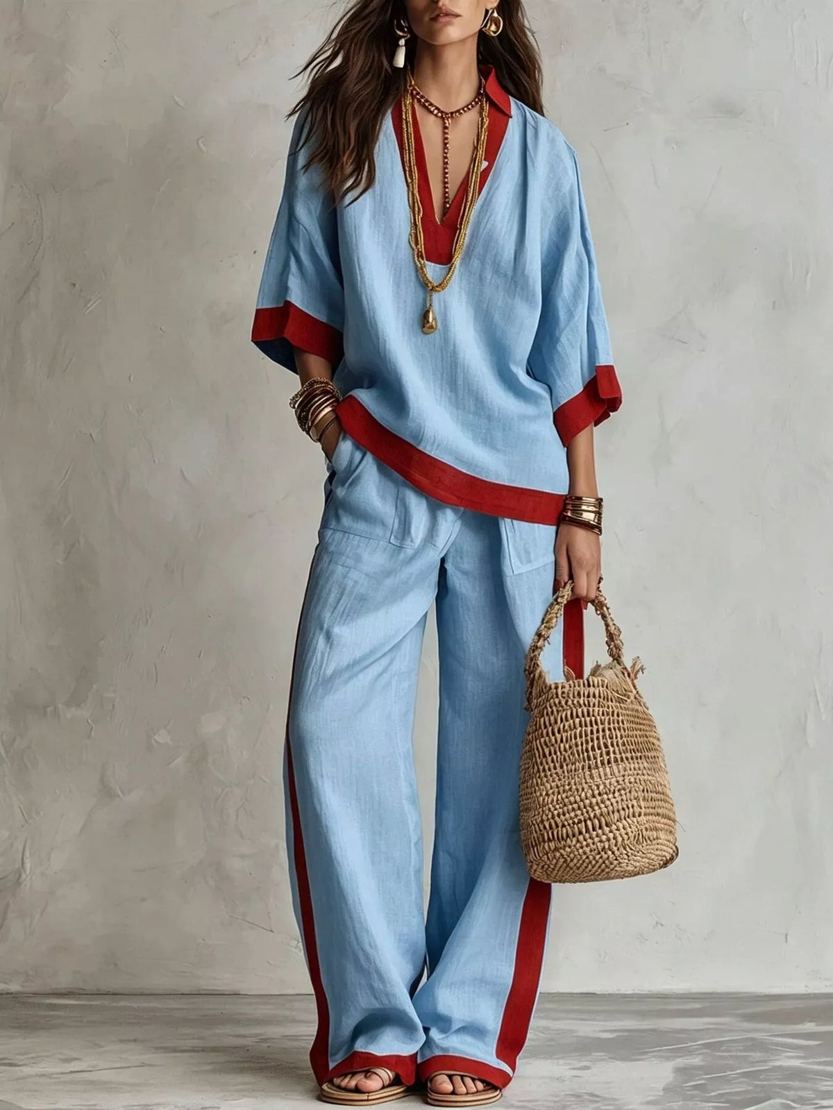 Full Size Contrast Trim Top and Wide Leg Pants Set Plus Size