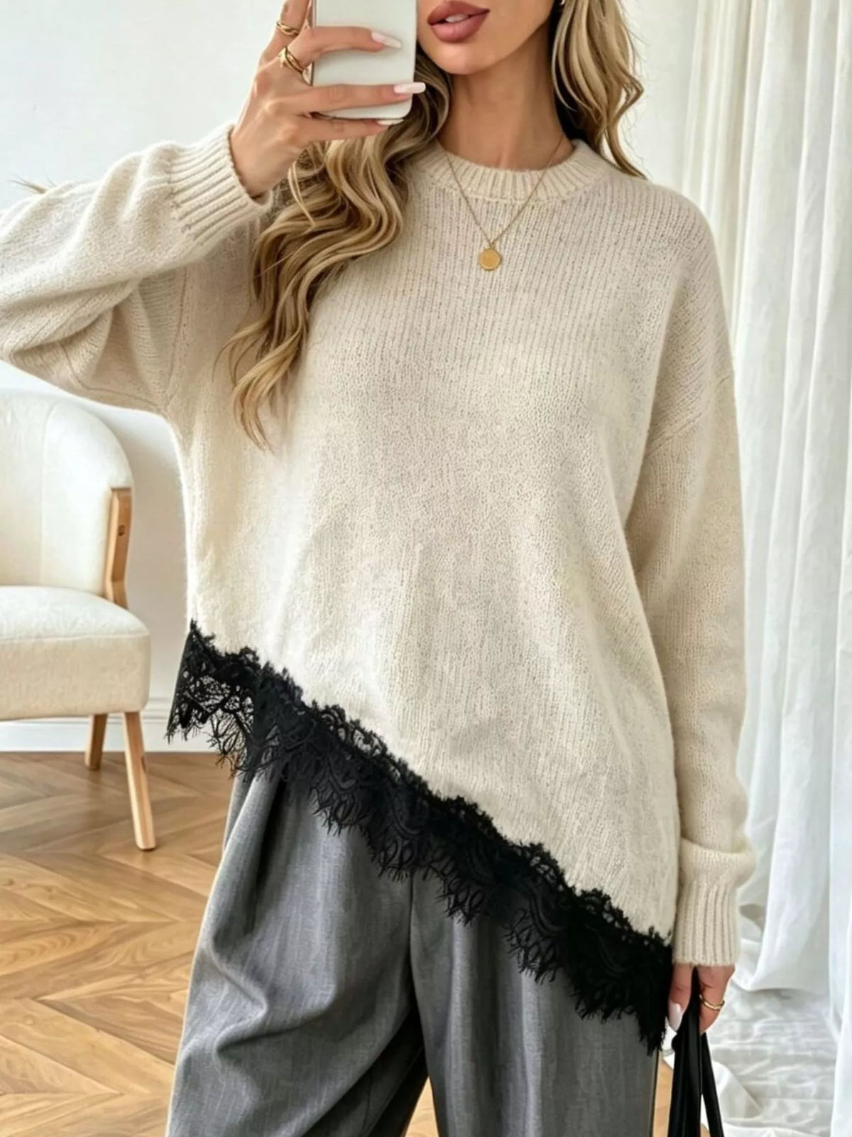 Round Neck Sweater with Asymmetric Lace Hem in Off-white