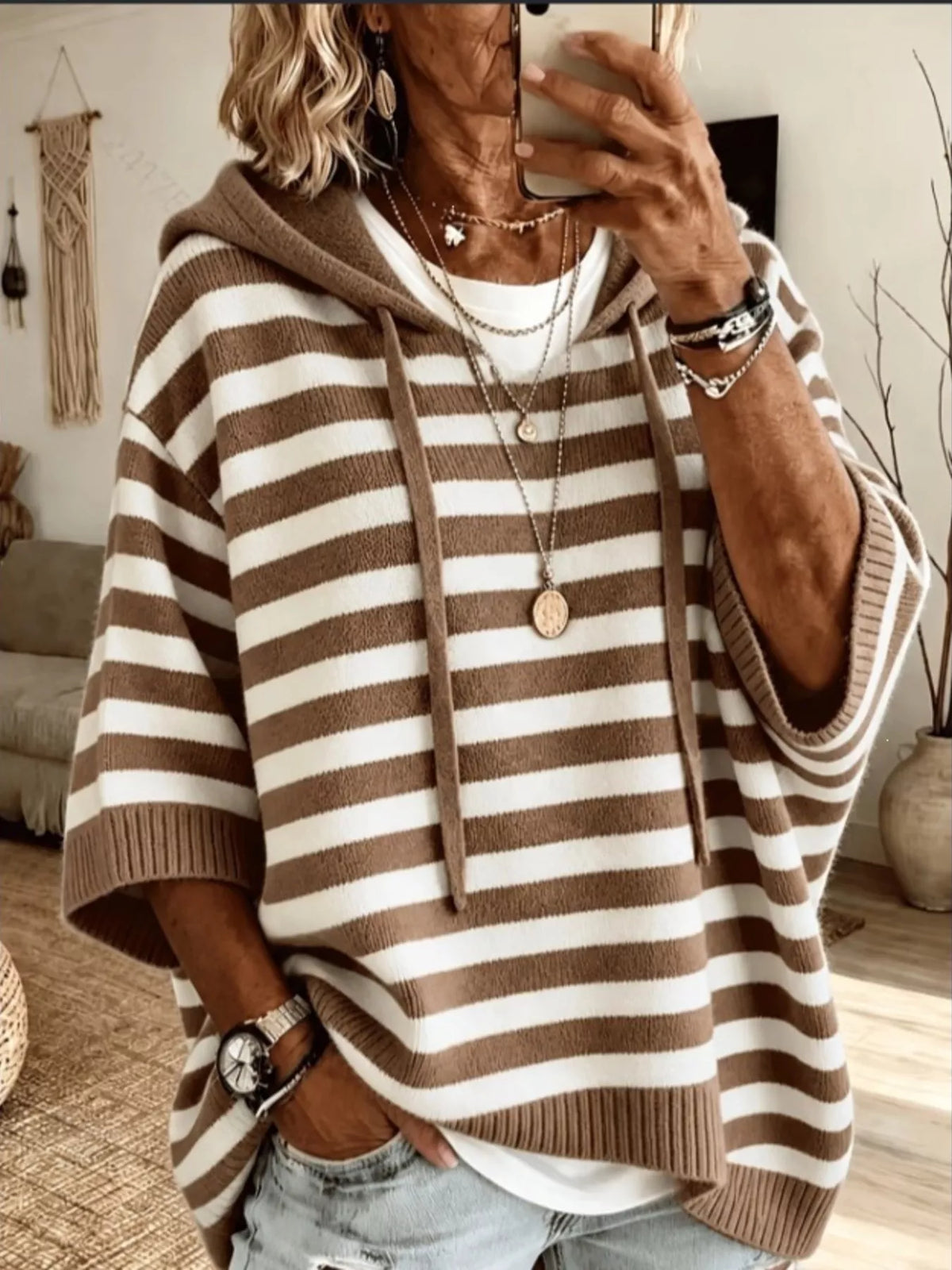 Casual Striped Hooded Knit Sweater in Dark Brown