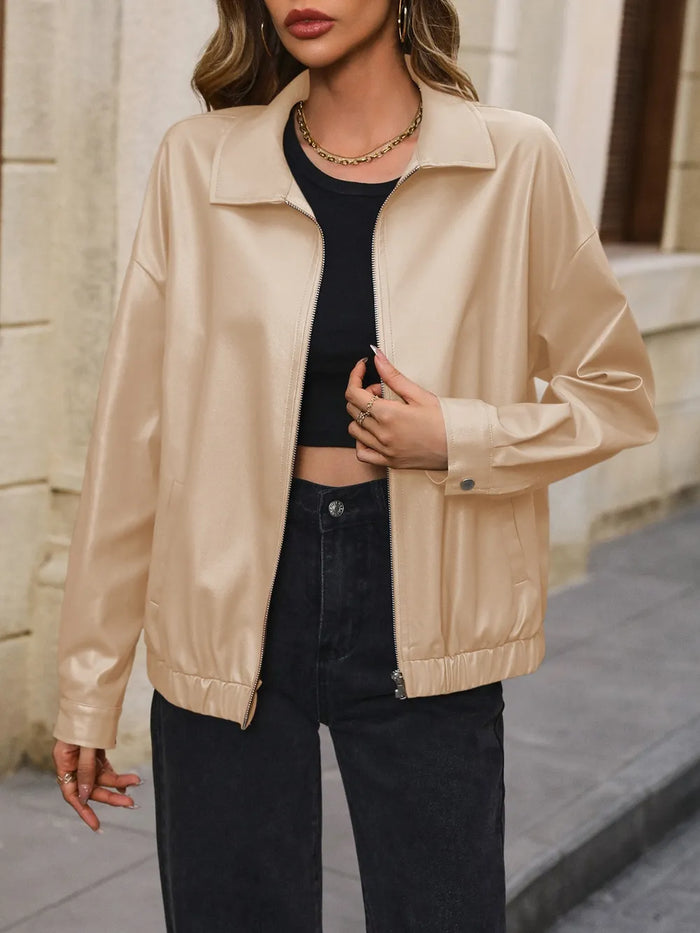 Ivy Lane Pocketed Zip Up Collared Neck Jacket in Khaki