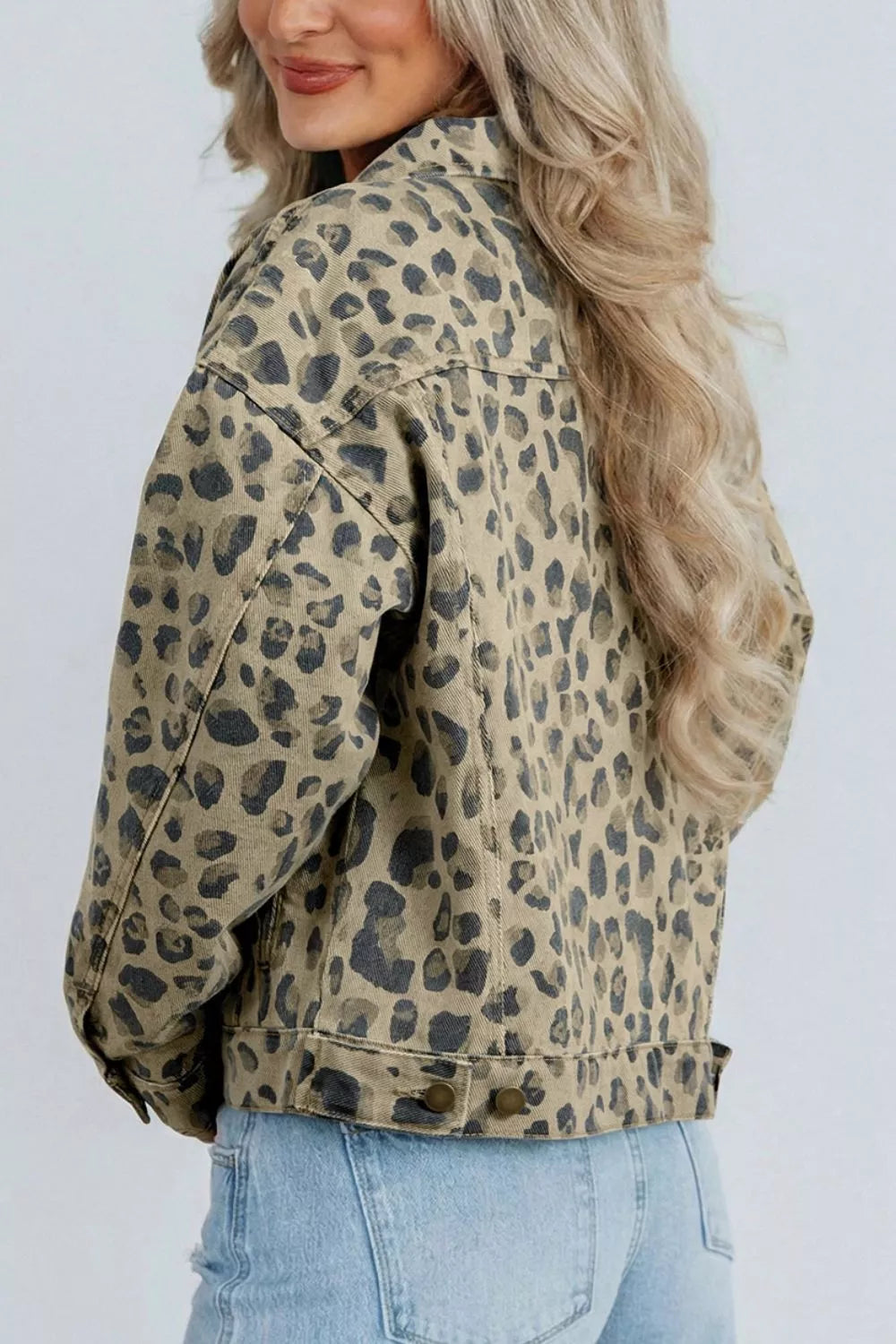 Leopard Print Seam Detail Button Down Denim Jacket, view 2