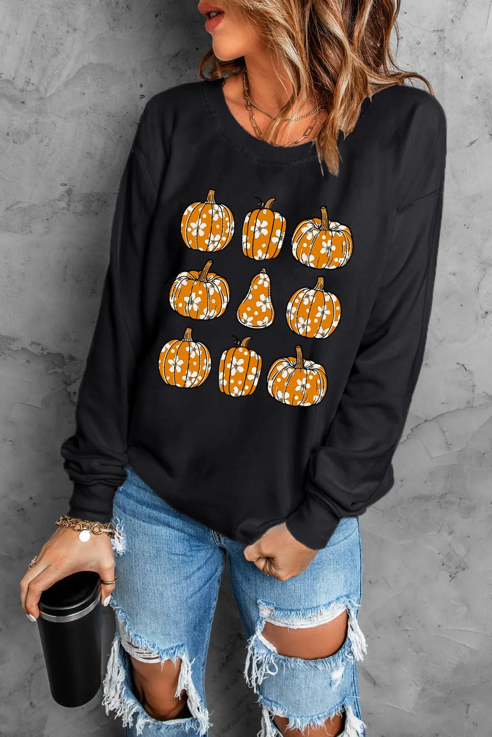 Pumpkin Round Neck Long Sleeve Sweatshirt - Lilixa.store